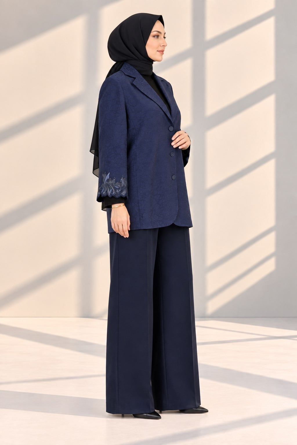 Büyük Beden Jakar Kumaş İşlemeli Blazer Ceket Lacivert OTW26260
