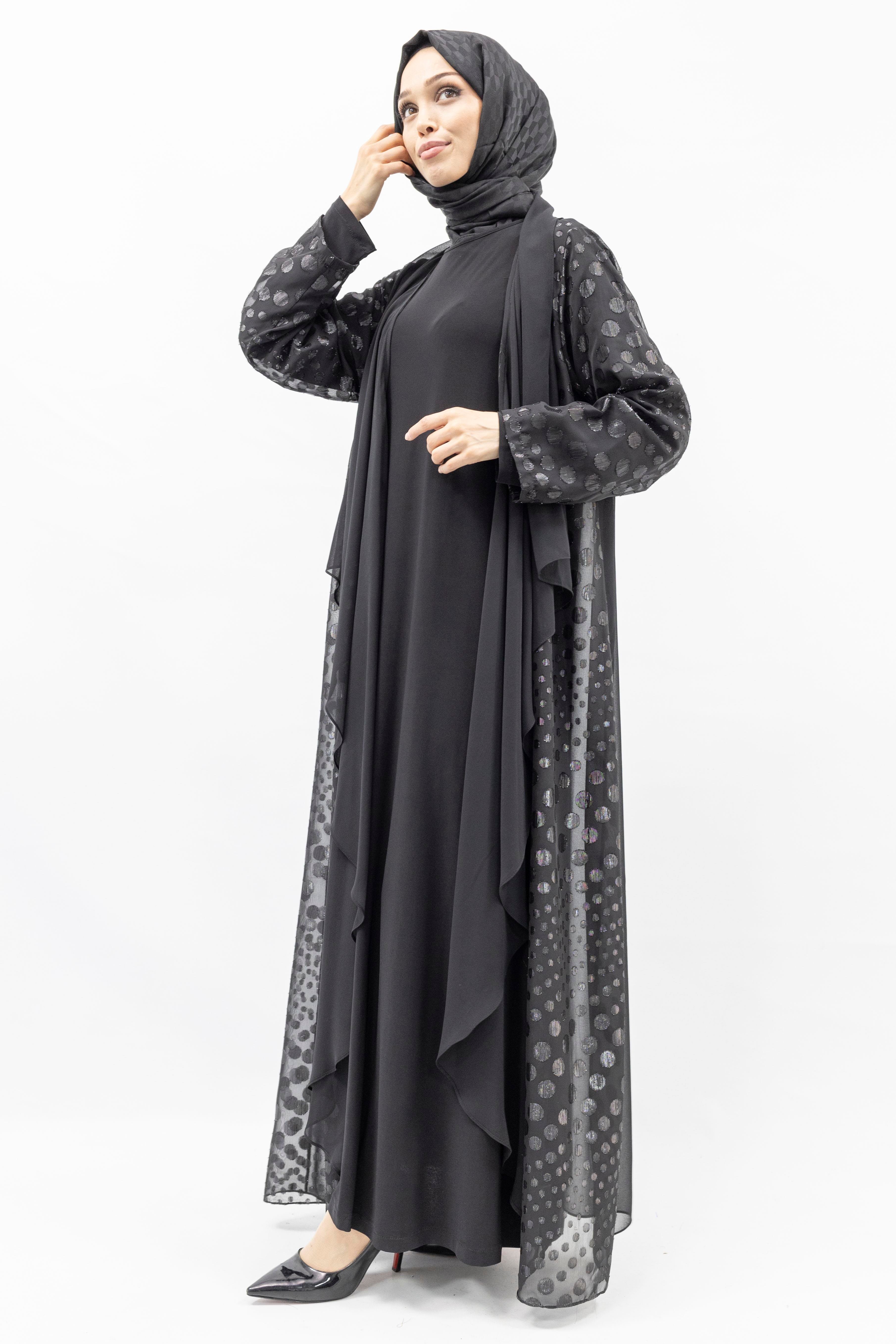 Büyük Beden Jakarlı Abaya ve İçlik elbise Takım Siyah OTW570