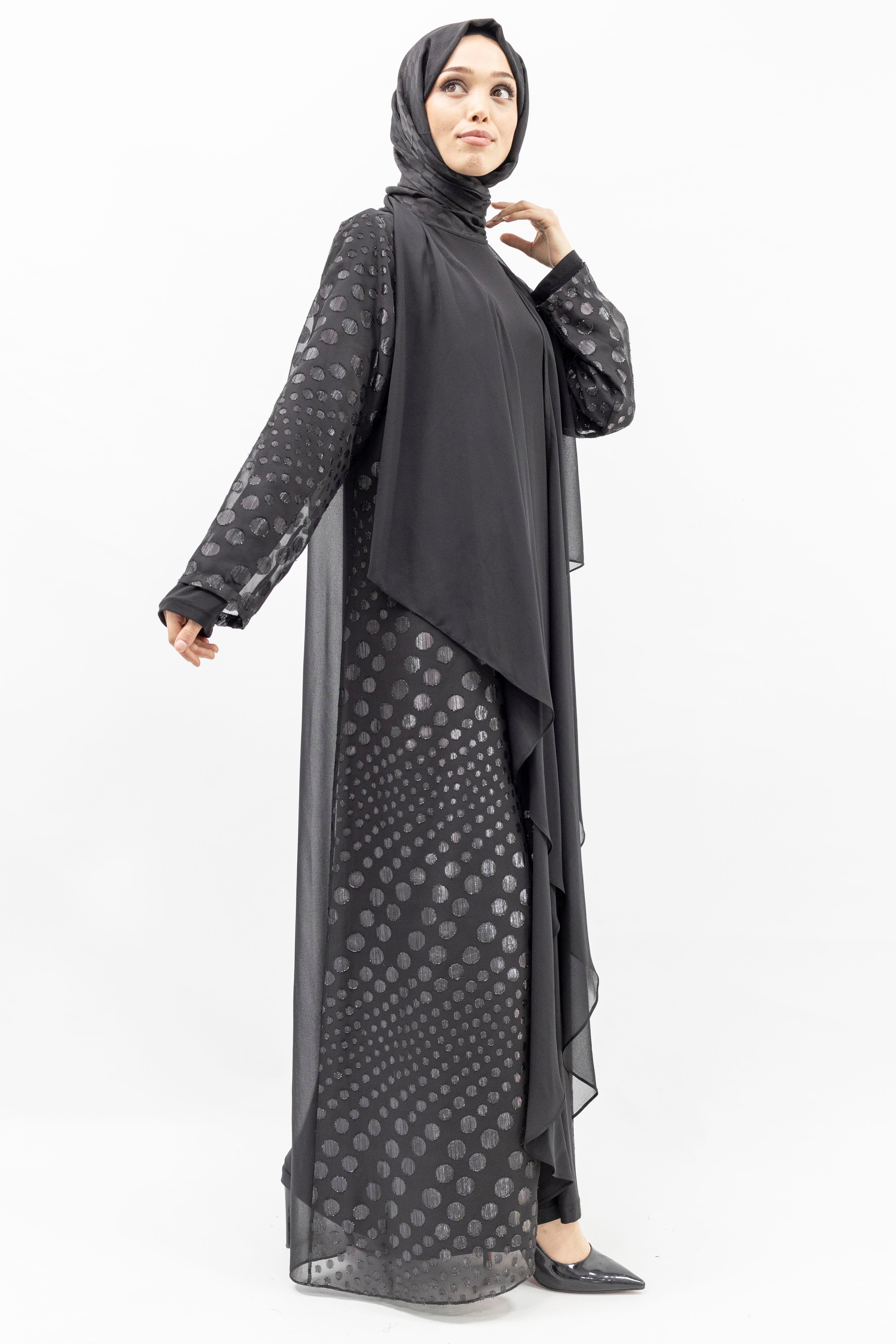 Büyük Beden Jakarlı Abaya ve İçlik elbise Takım Siyah OTW570