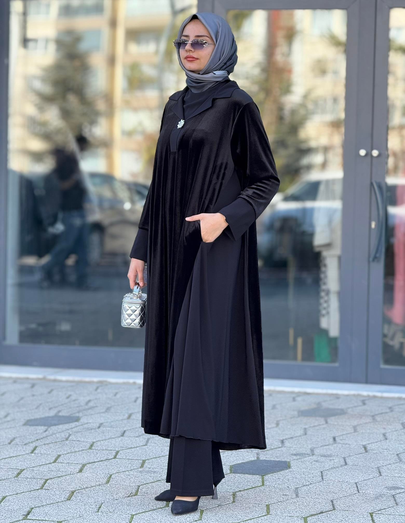 Büyük Beden Kadife Elbise Siyah OTW216227