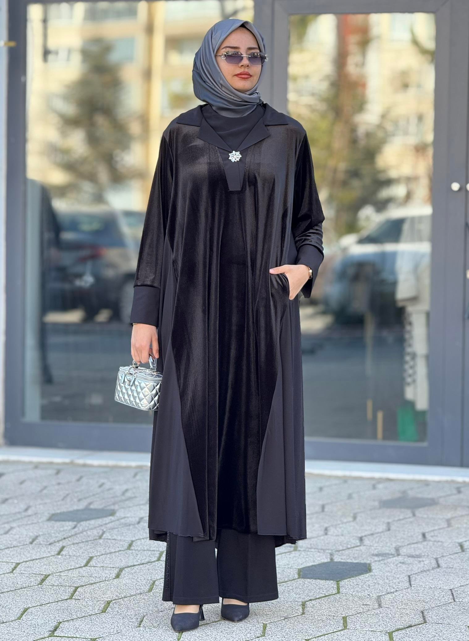 Büyük Beden Kadife Elbise Siyah OTW216227