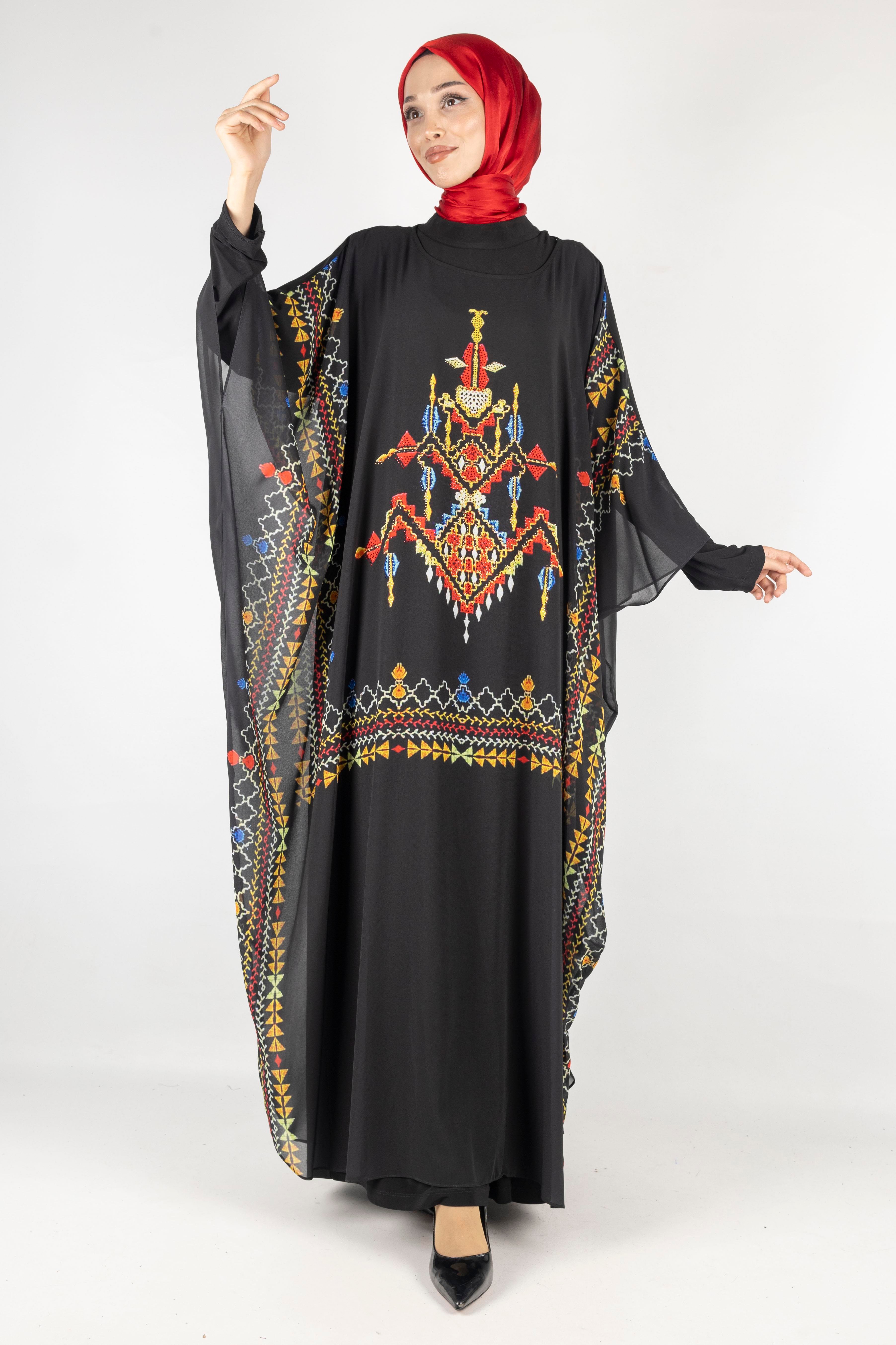 Büyük Beden Kanaviçe Desen Baskılı Şifon Elbise Siyah OTW314