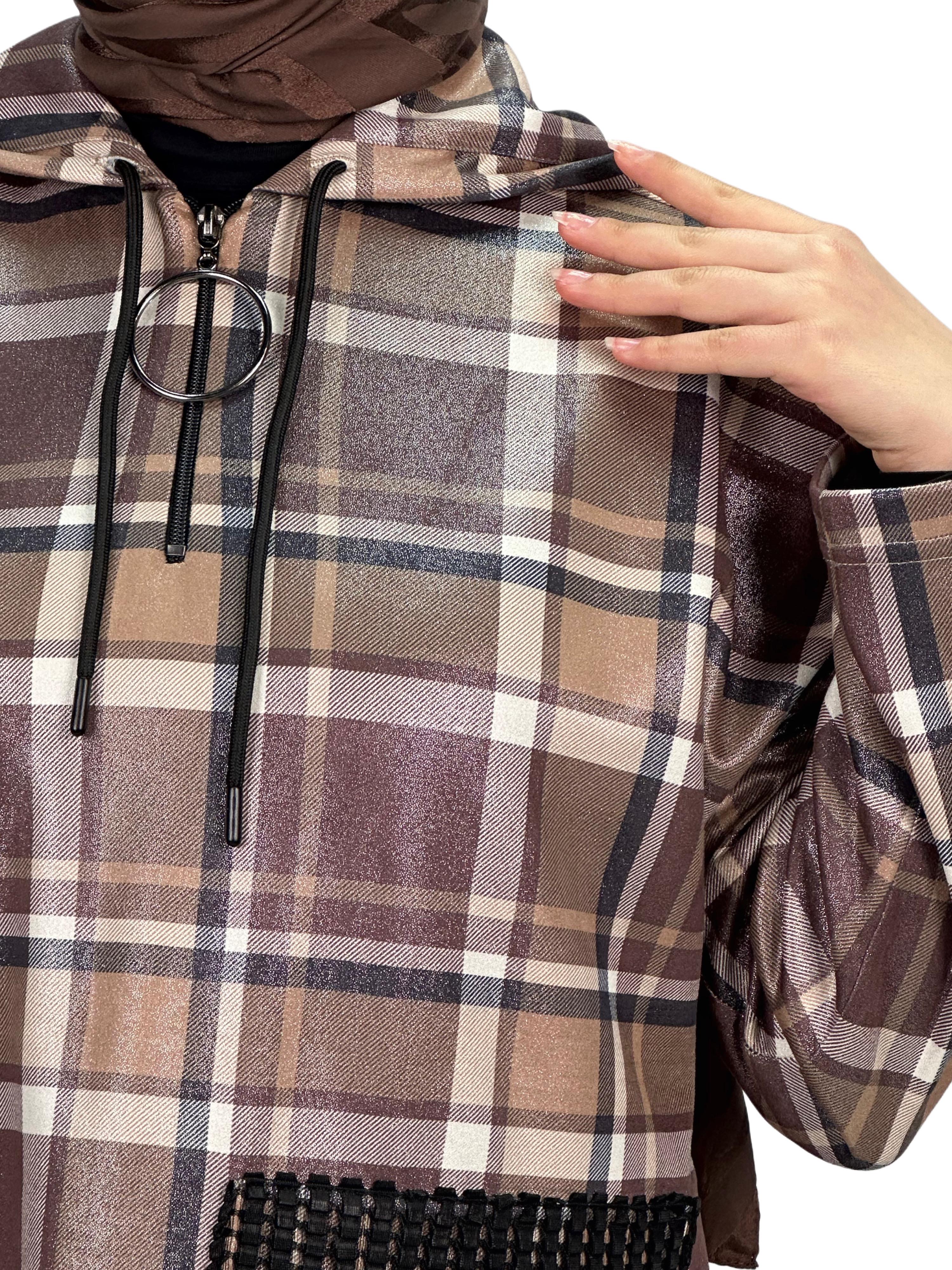 Büyük Beden Kareli Tunik Kahve OTW6026