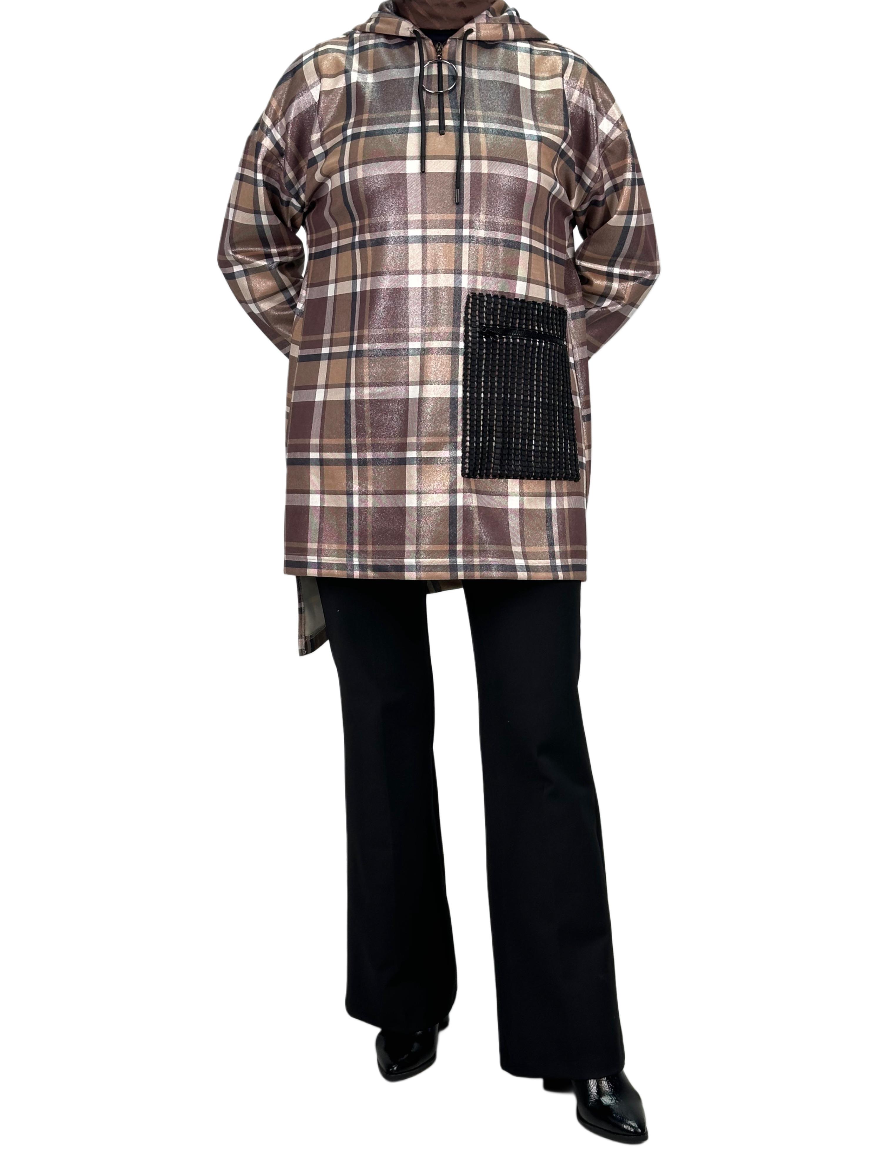 Büyük Beden Kareli Tunik Kahve OTW6026