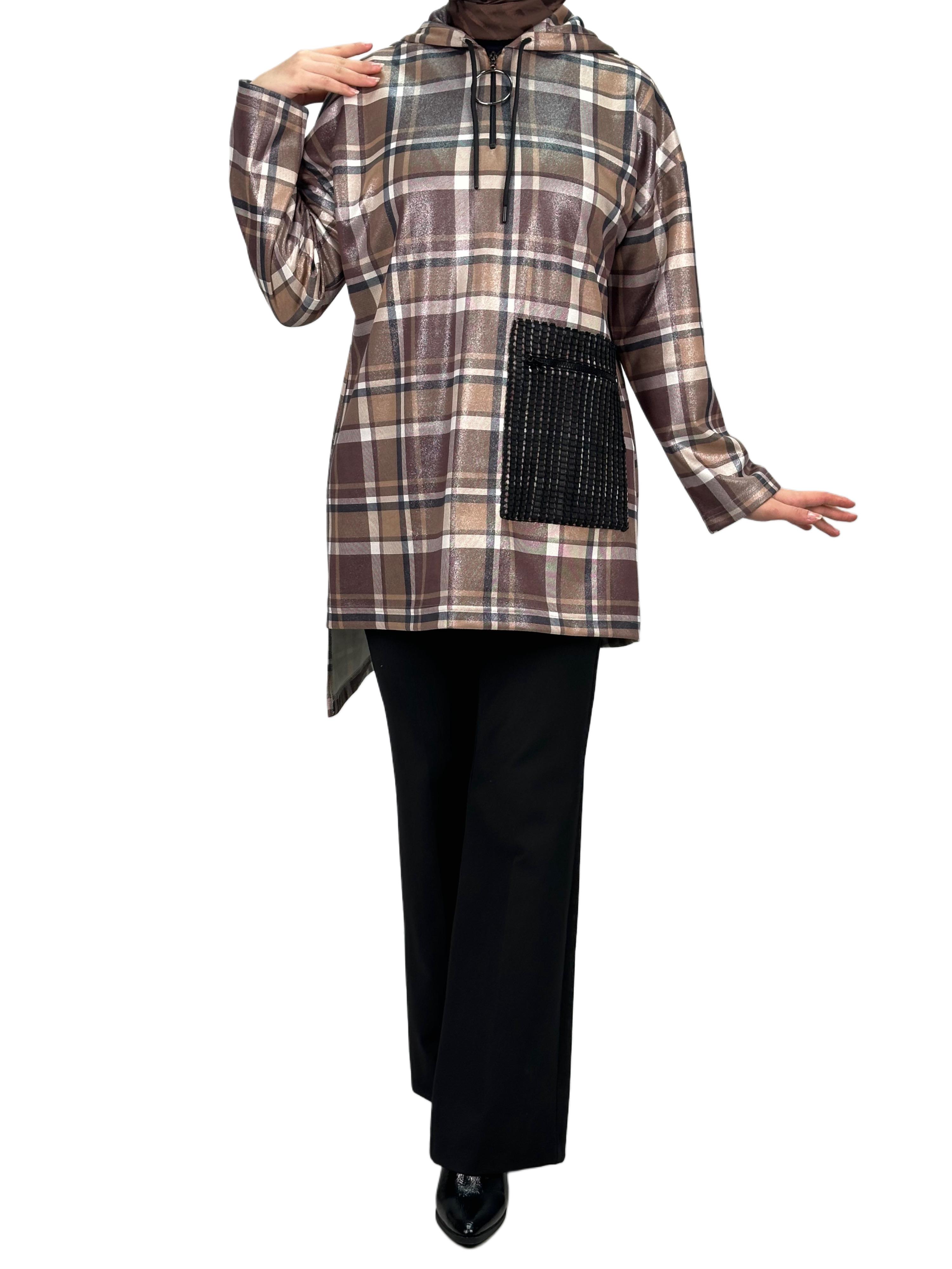 Büyük Beden Kareli Tunik Kahve OTW6026