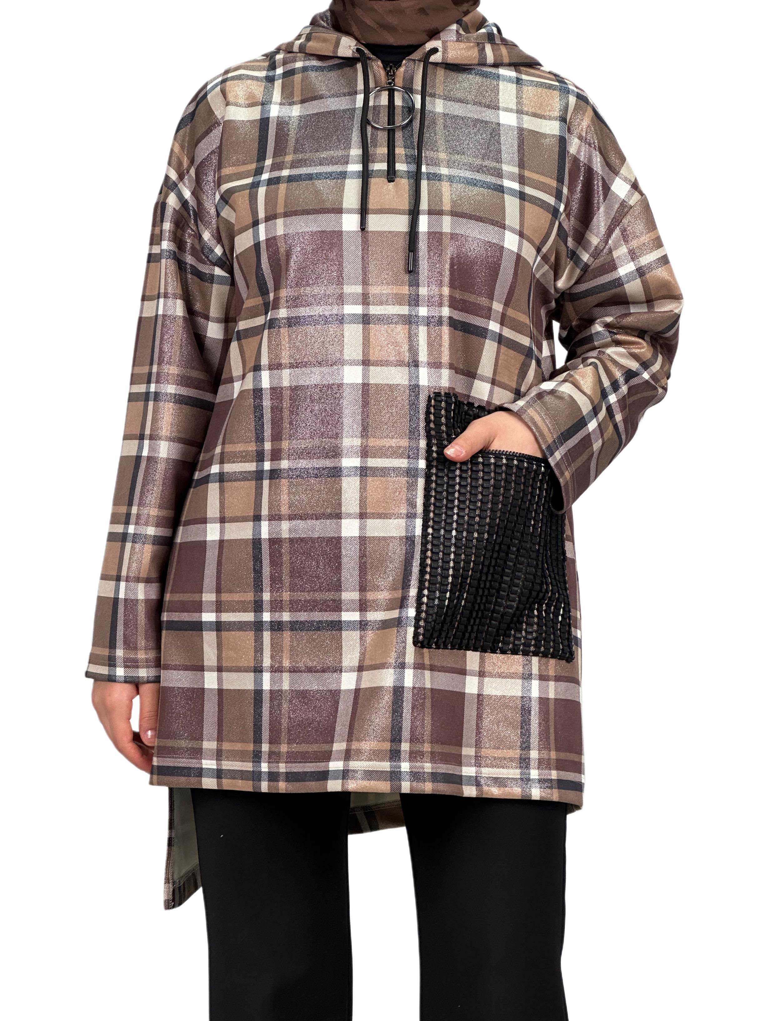 Büyük Beden Kareli Tunik Kahve OTW6026