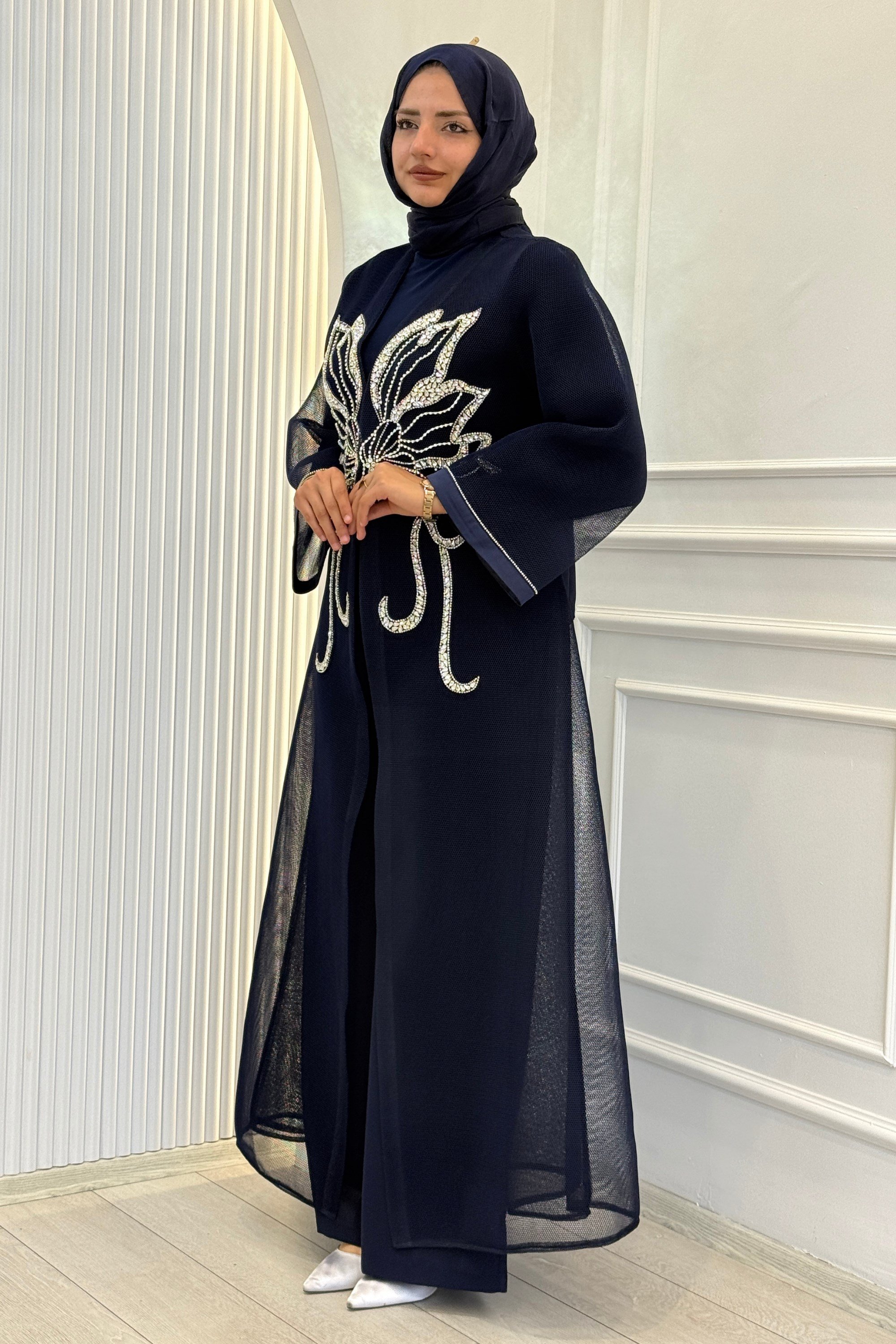 Büyük Beden Kelebek Taş İşlemeli Abaya Takım Lacivert OTW46923