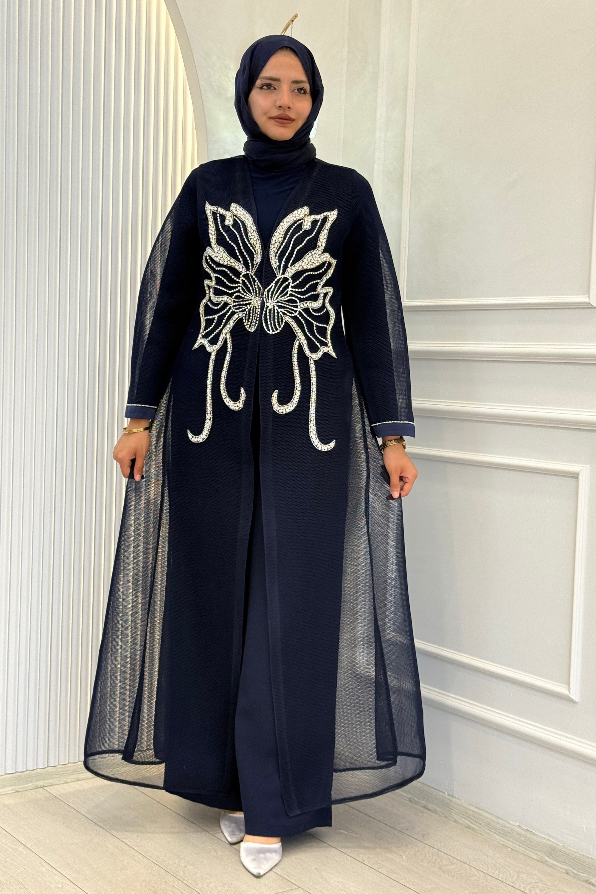 Büyük Beden Kelebek Taş İşlemeli Abaya Takım Lacivert OTW46923