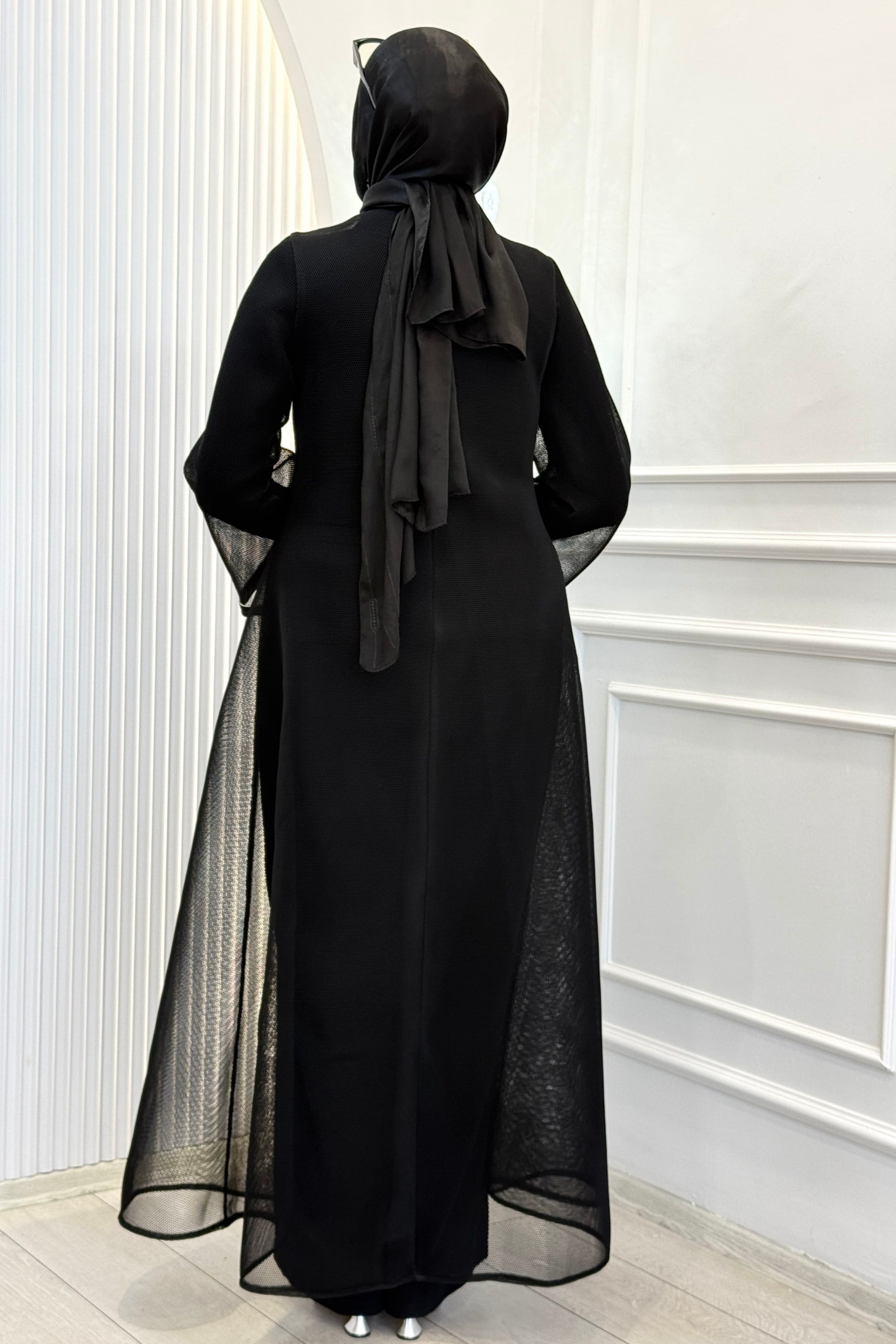 Büyük Beden Kelebek Taş İşlemeli Abaya Takım Siyah OTW46923