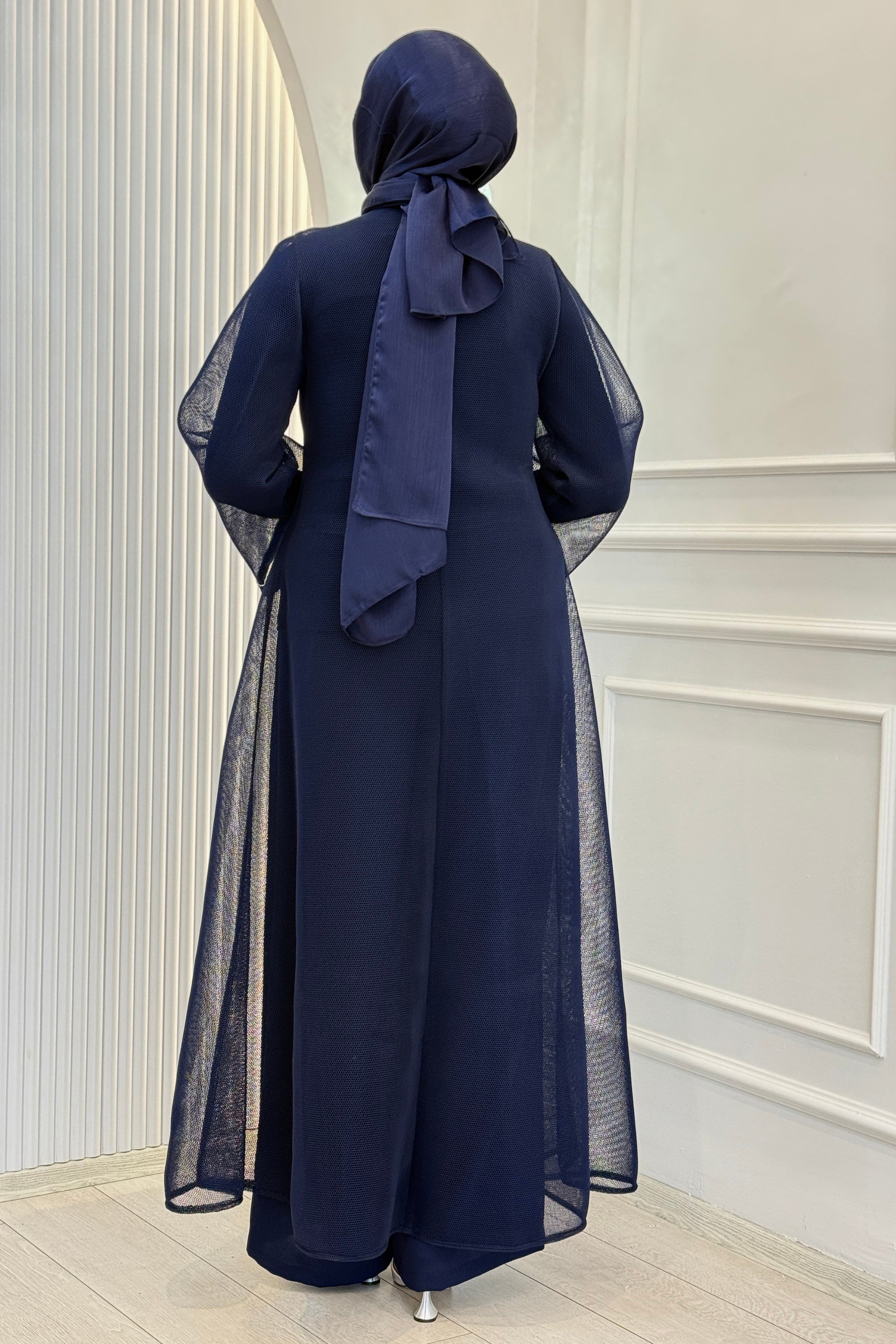 Büyük Beden Kelebek Taş İşlemeli Abaya Takım Lacivert OTW46923