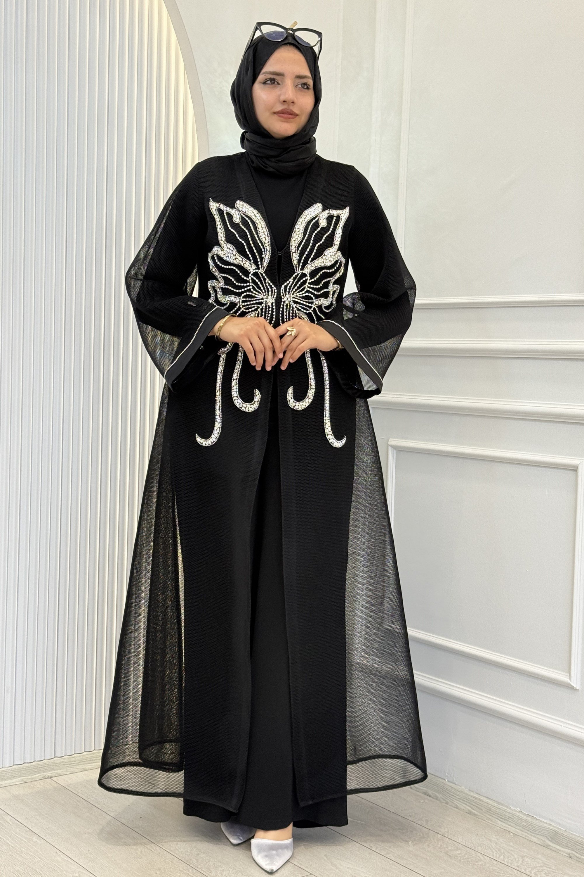 Büyük Beden Kelebek Taş İşlemeli Abaya Takım Siyah OTW46923