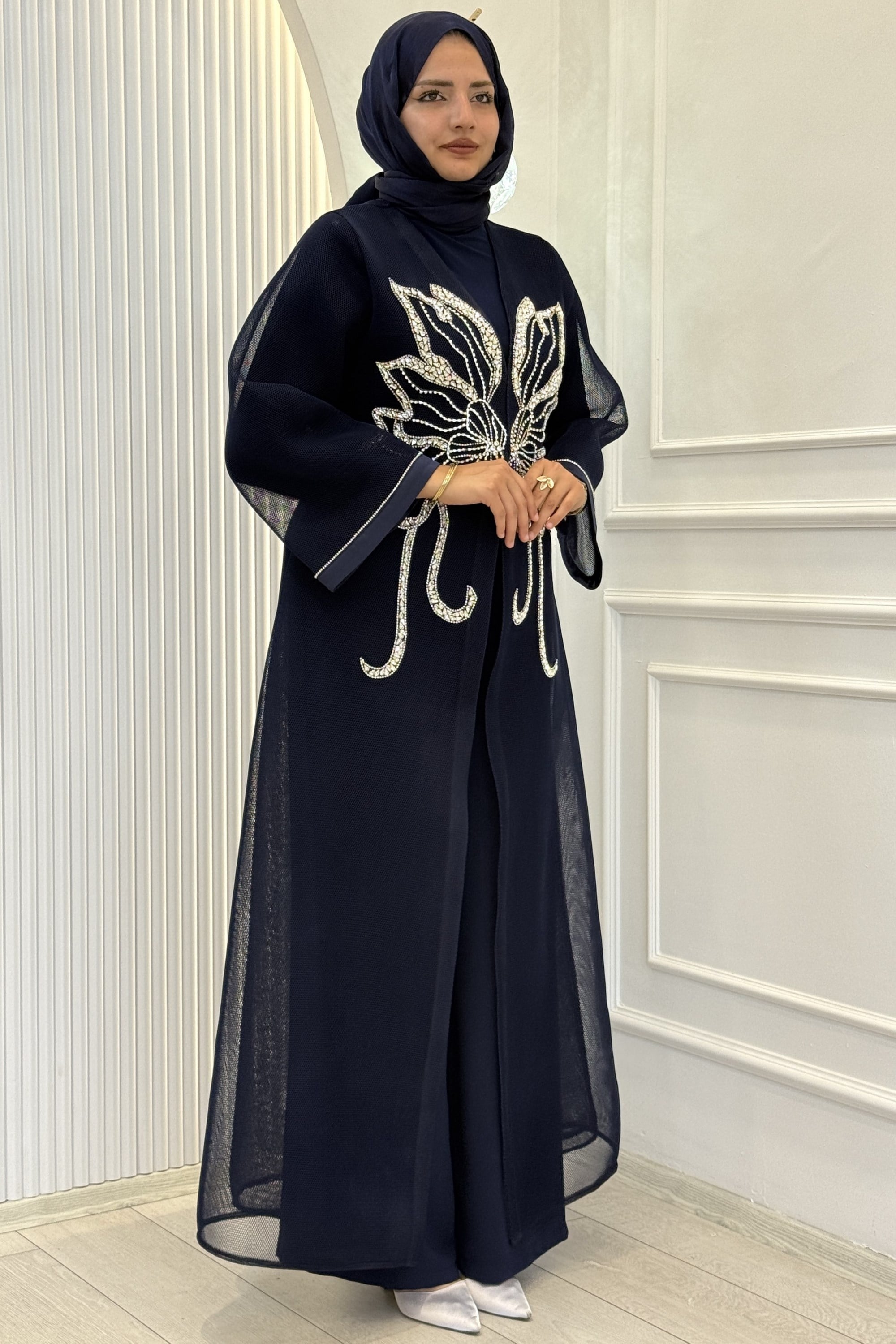 Büyük Beden Kelebek Taş İşlemeli Abaya Takım Lacivert OTW46923