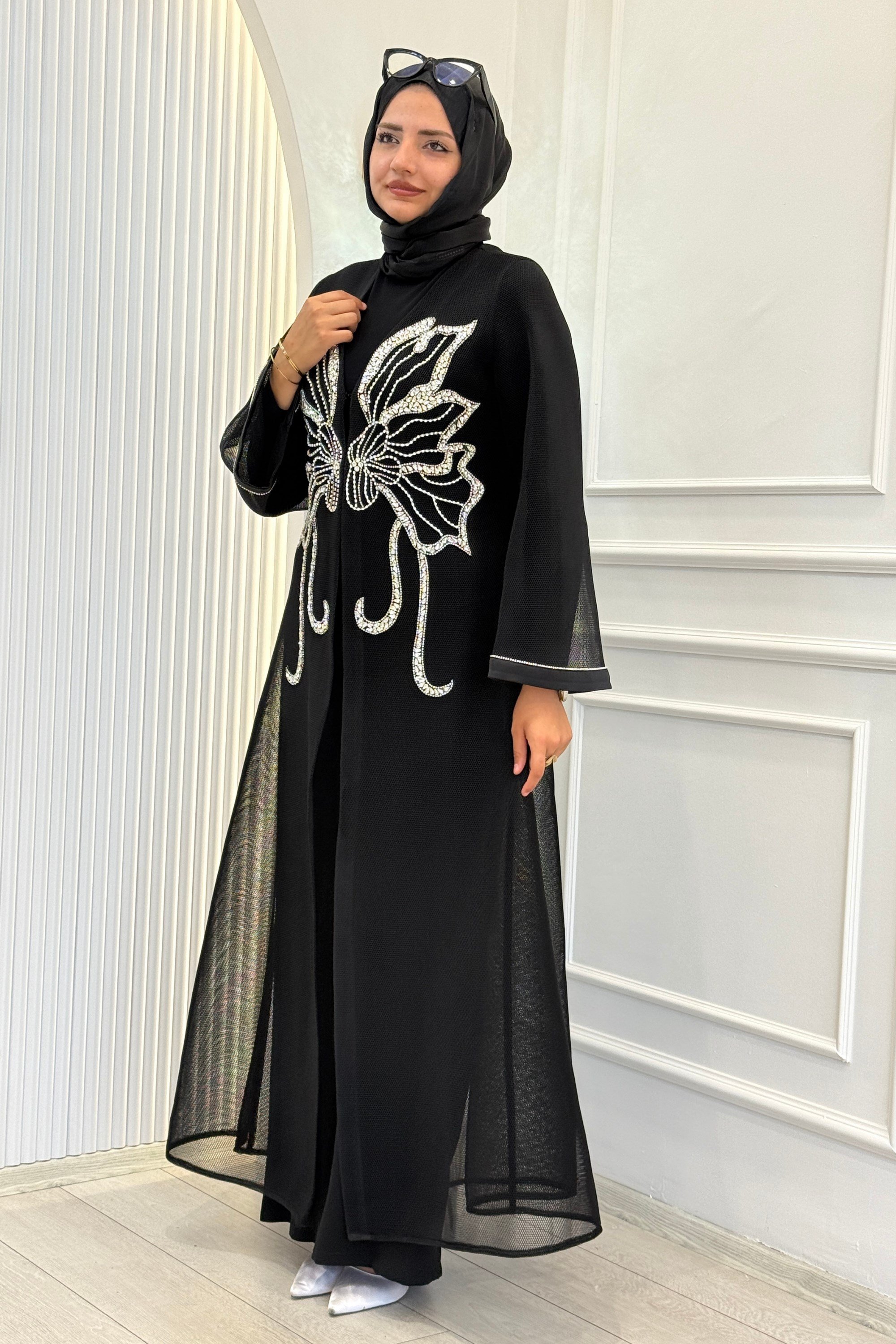 Büyük Beden Kelebek Taş İşlemeli Abaya Takım Siyah OTW46923