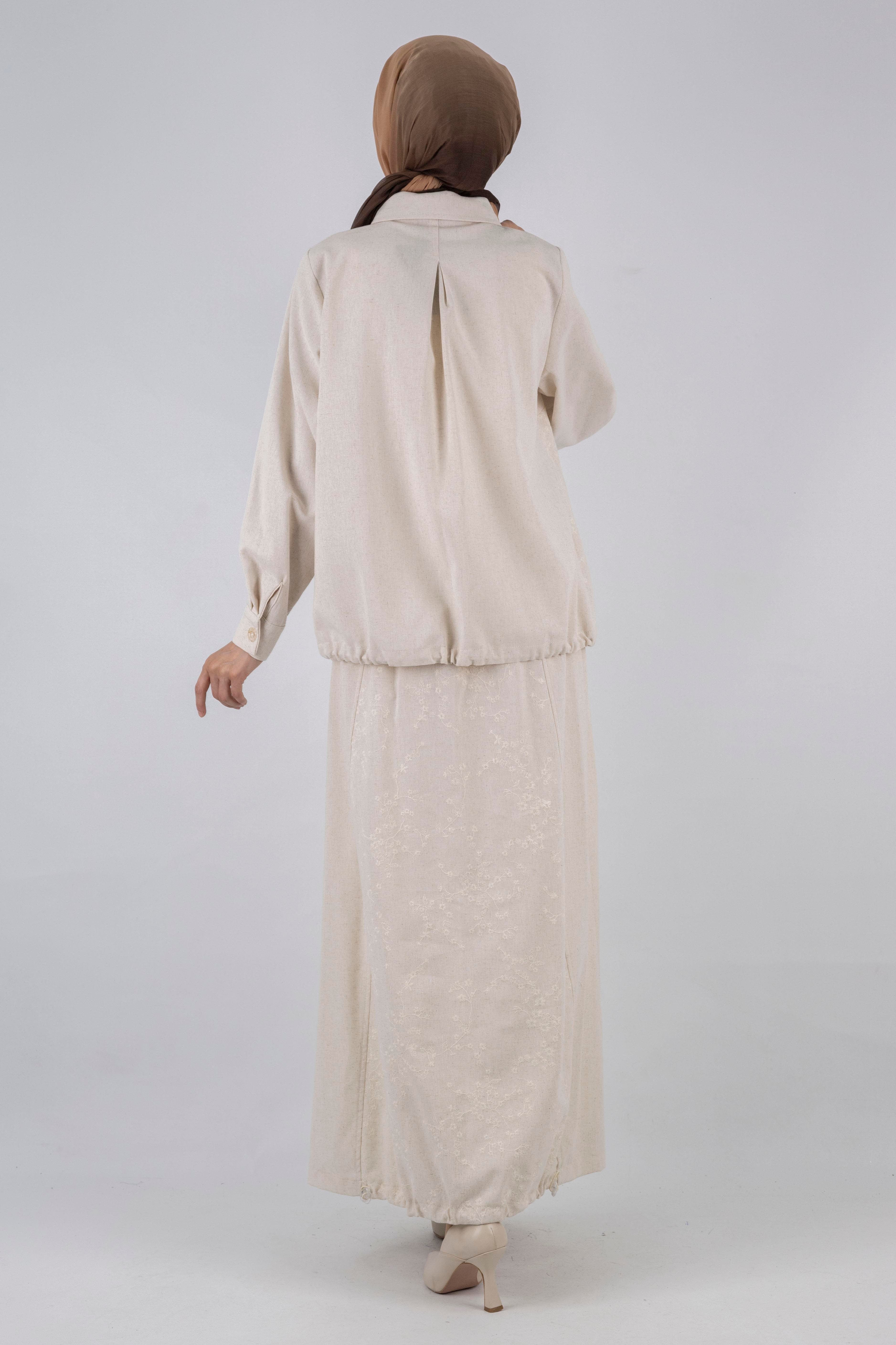 Büyük Beden Keten Etekli Takım Krem OTW1052