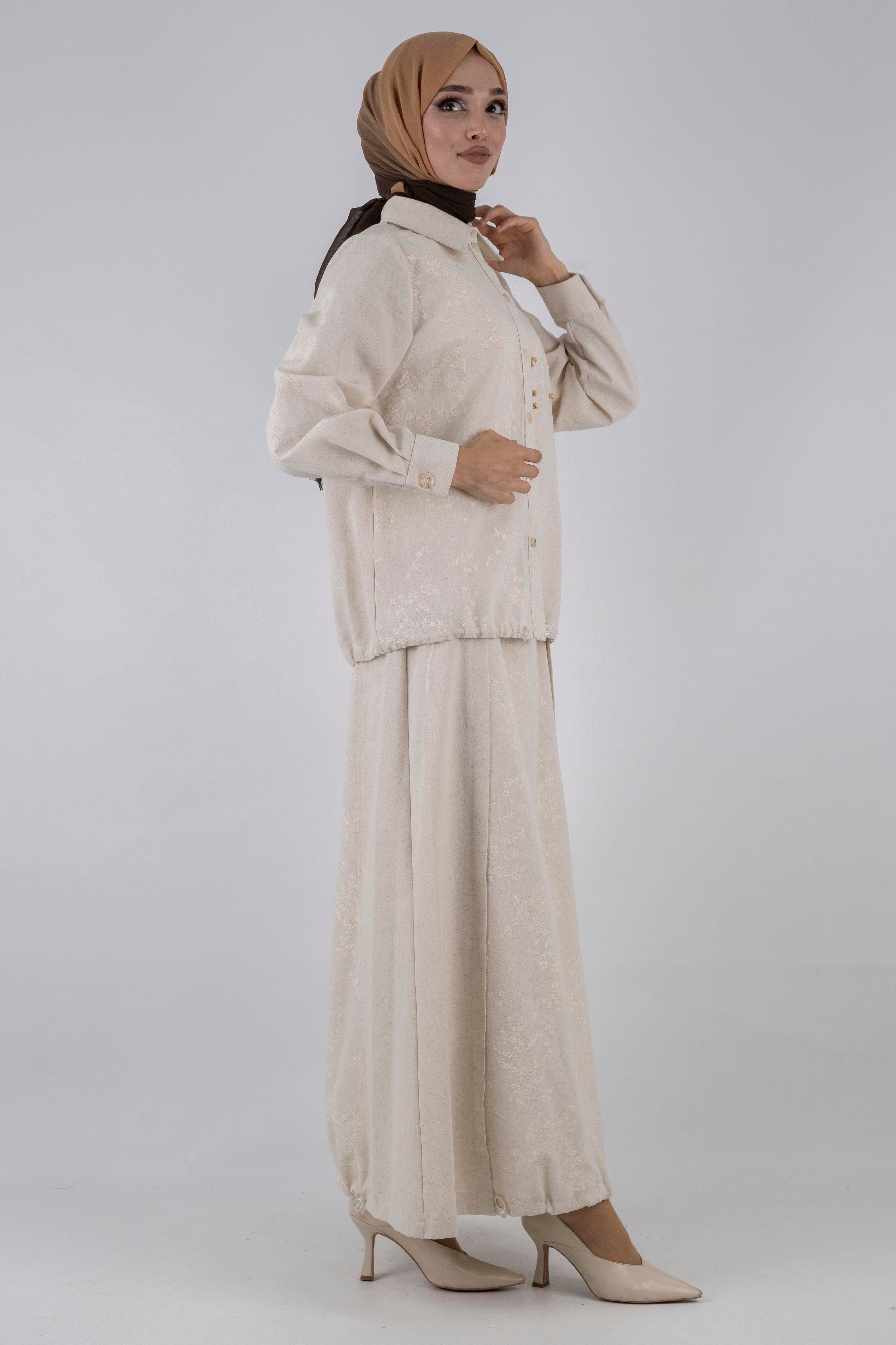 Büyük Beden Keten Etekli Takım Krem OTW1052