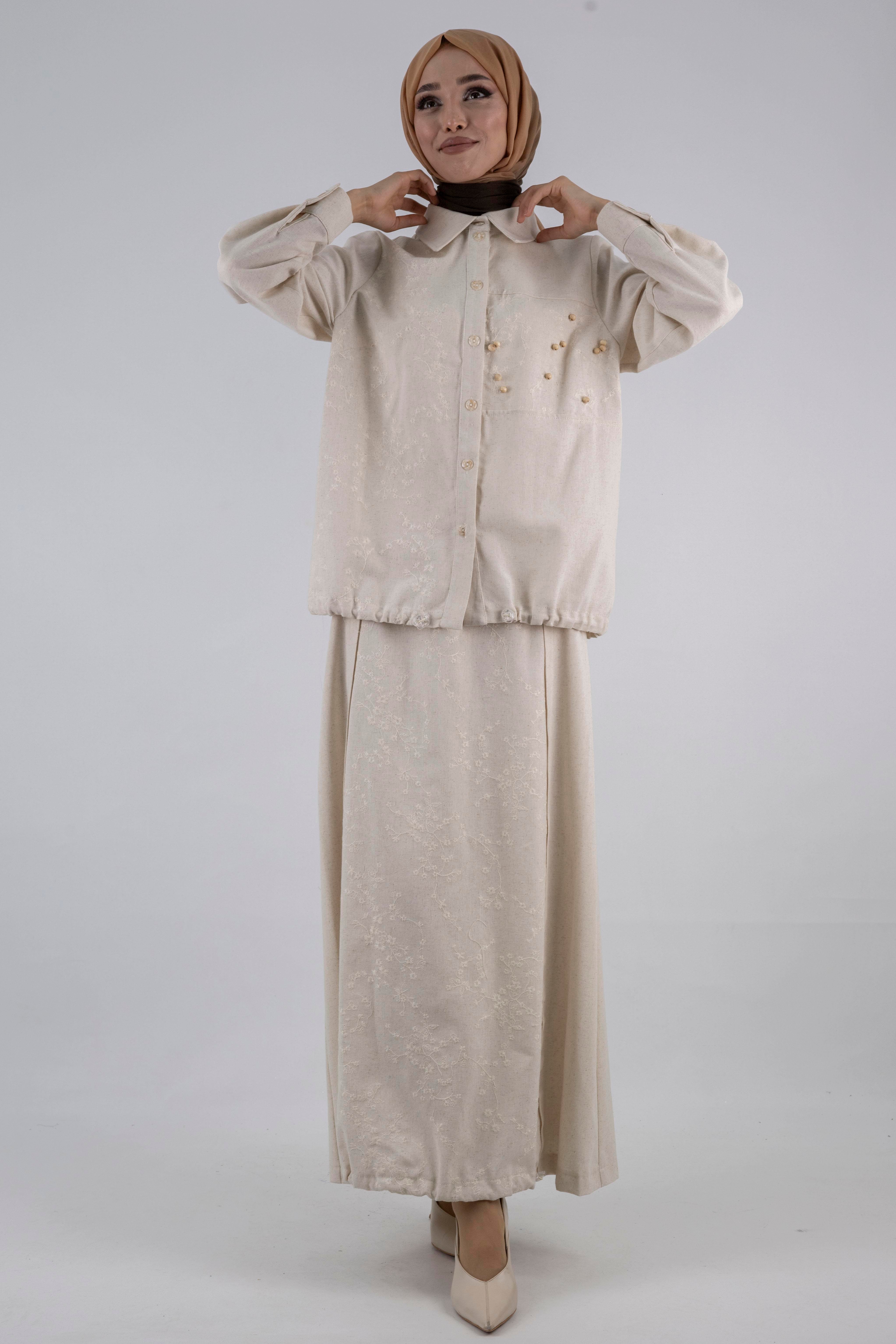 Büyük Beden Keten Etekli Takım Krem OTW1052