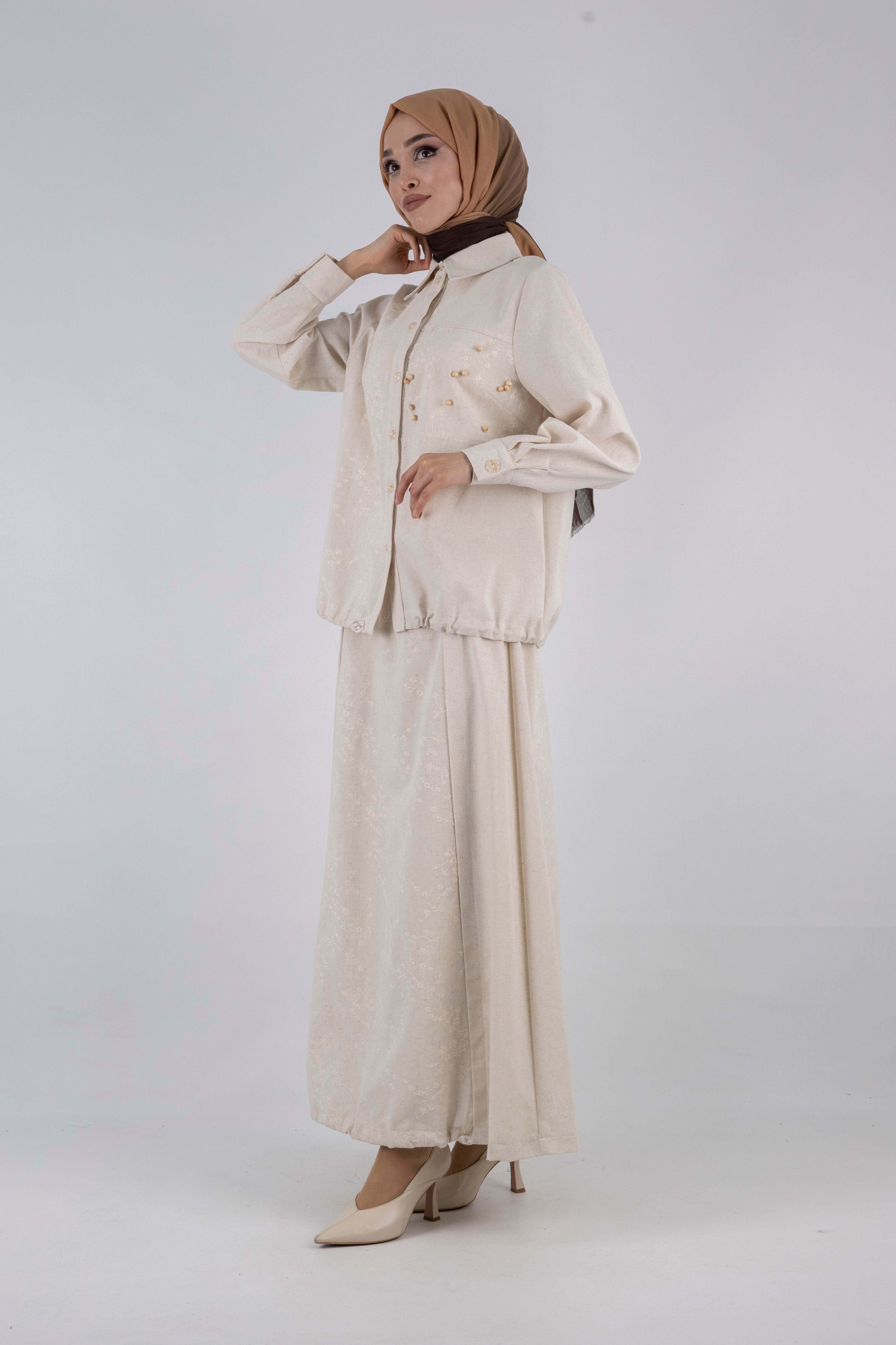 Büyük Beden Keten Etekli Takım Krem OTW1052