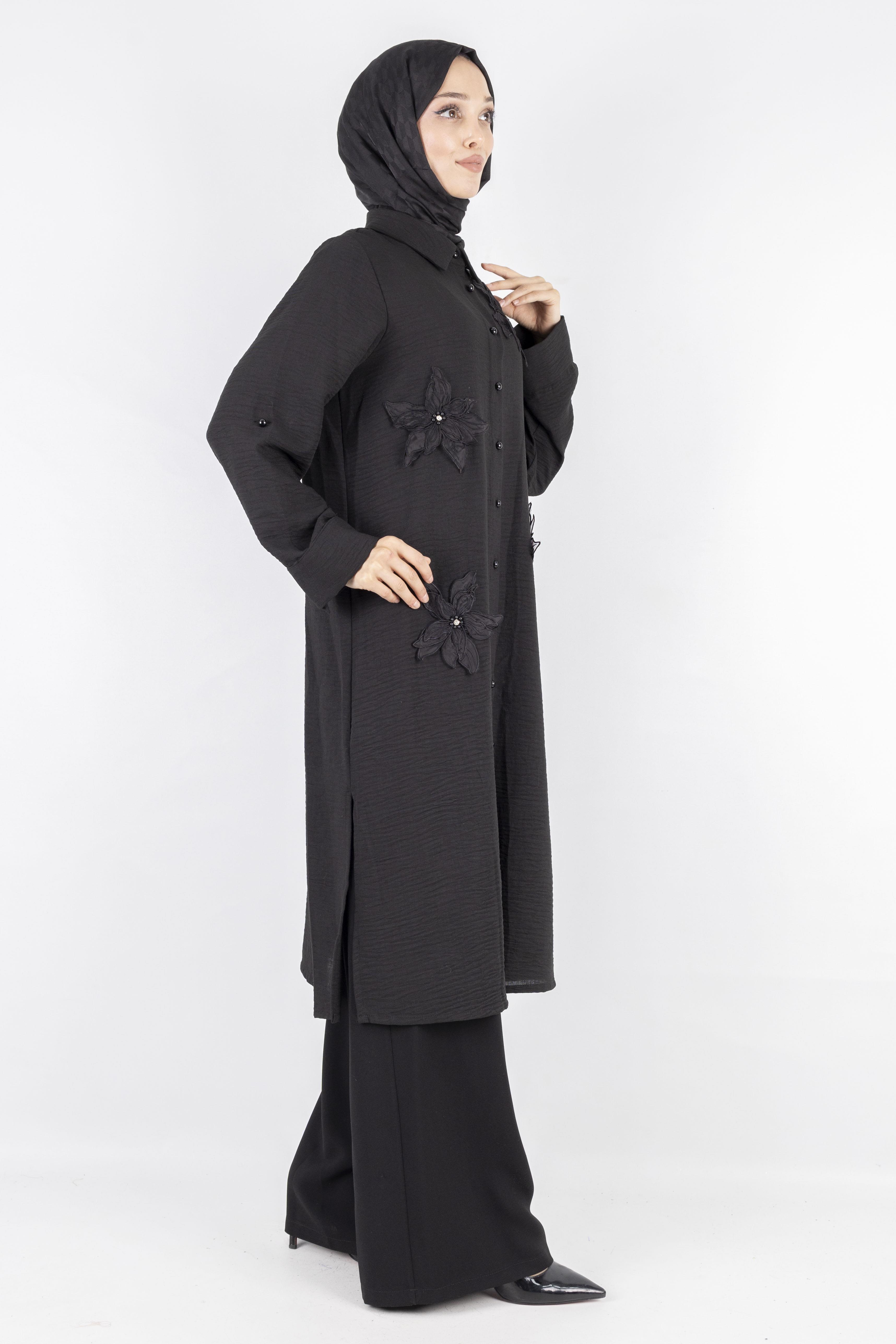 Büyük Beden Keten  Gömlek Siyah OTW44418