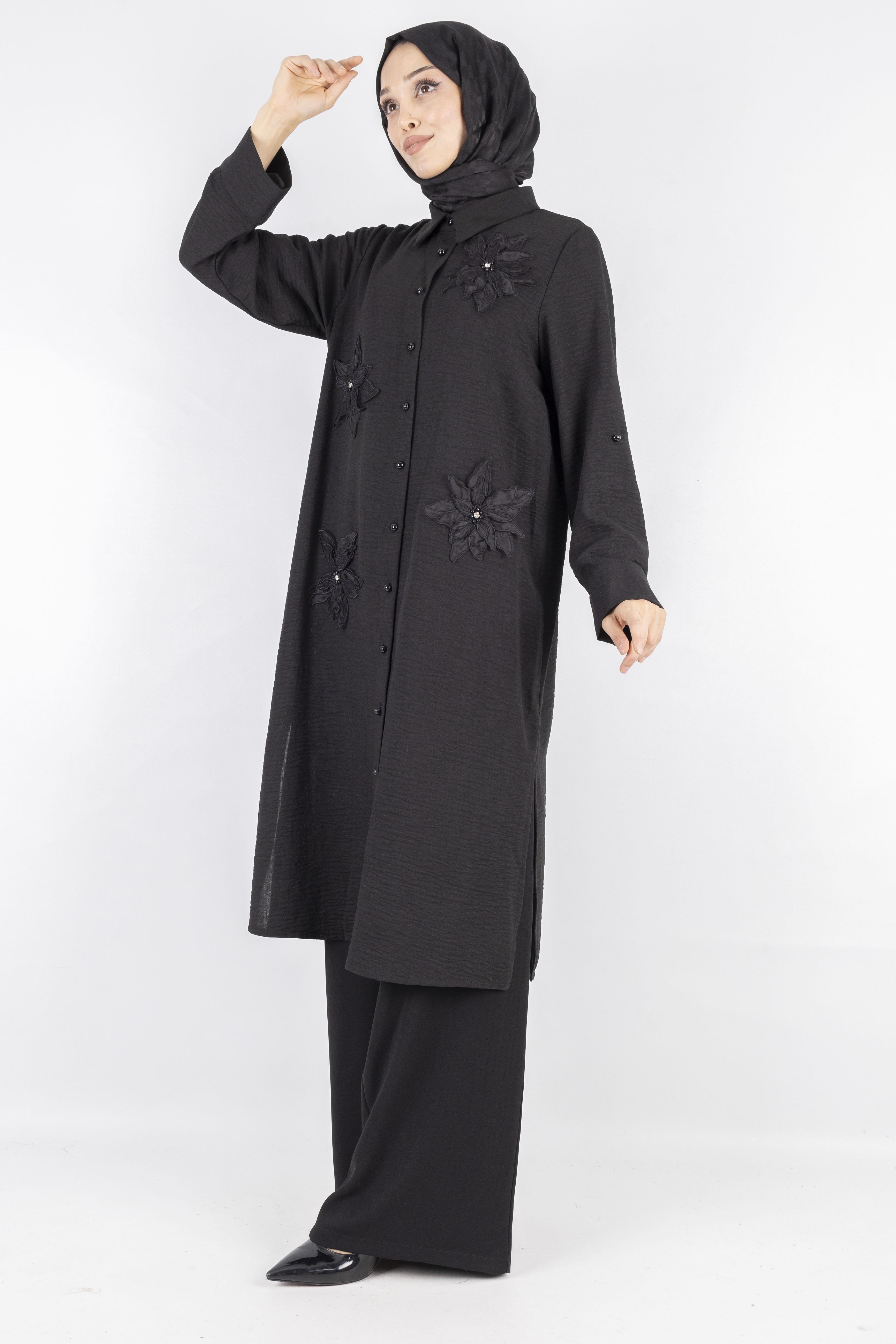 Büyük Beden Keten  Gömlek Siyah OTW44418