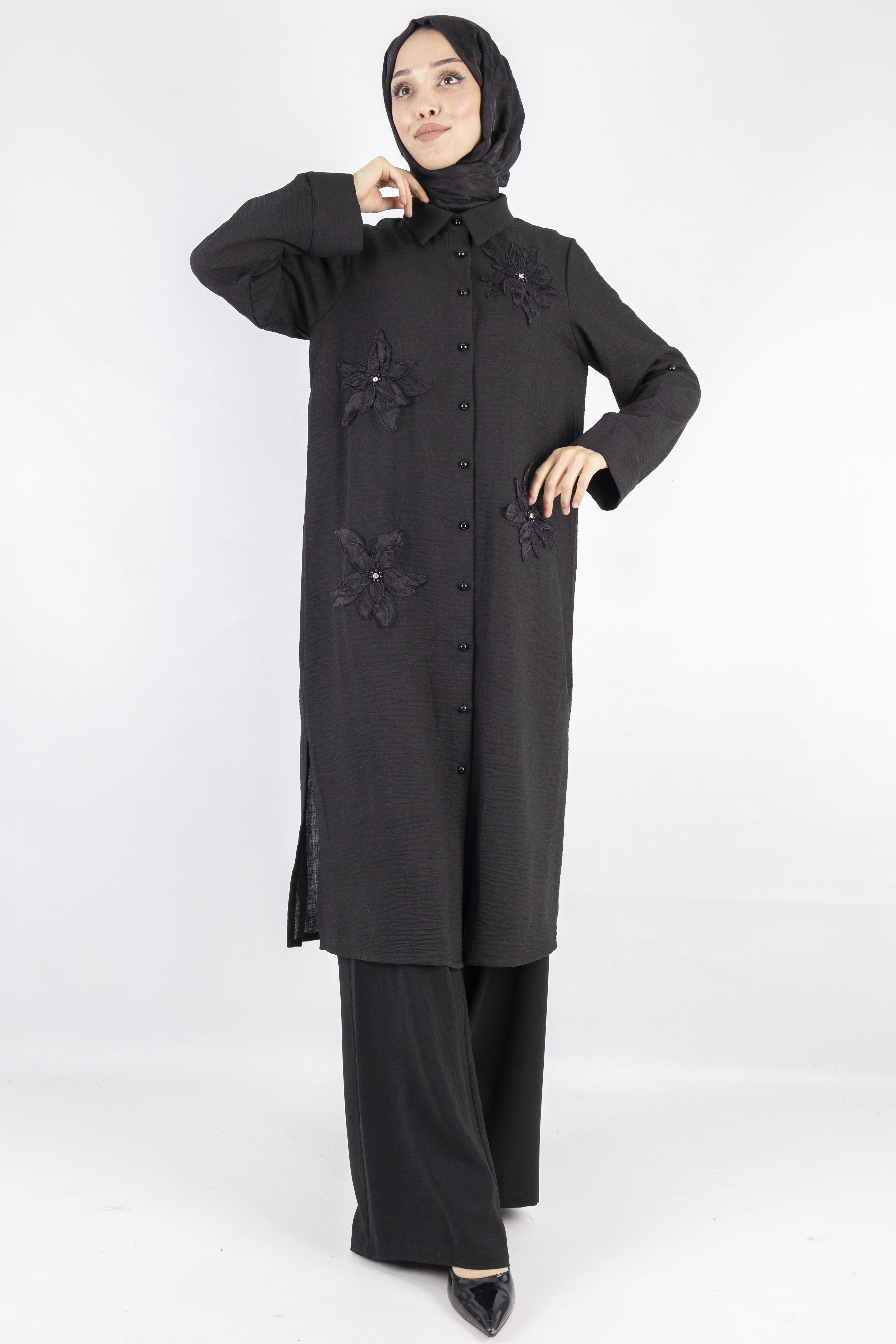 Büyük Beden Keten  Gömlek Siyah OTW44418