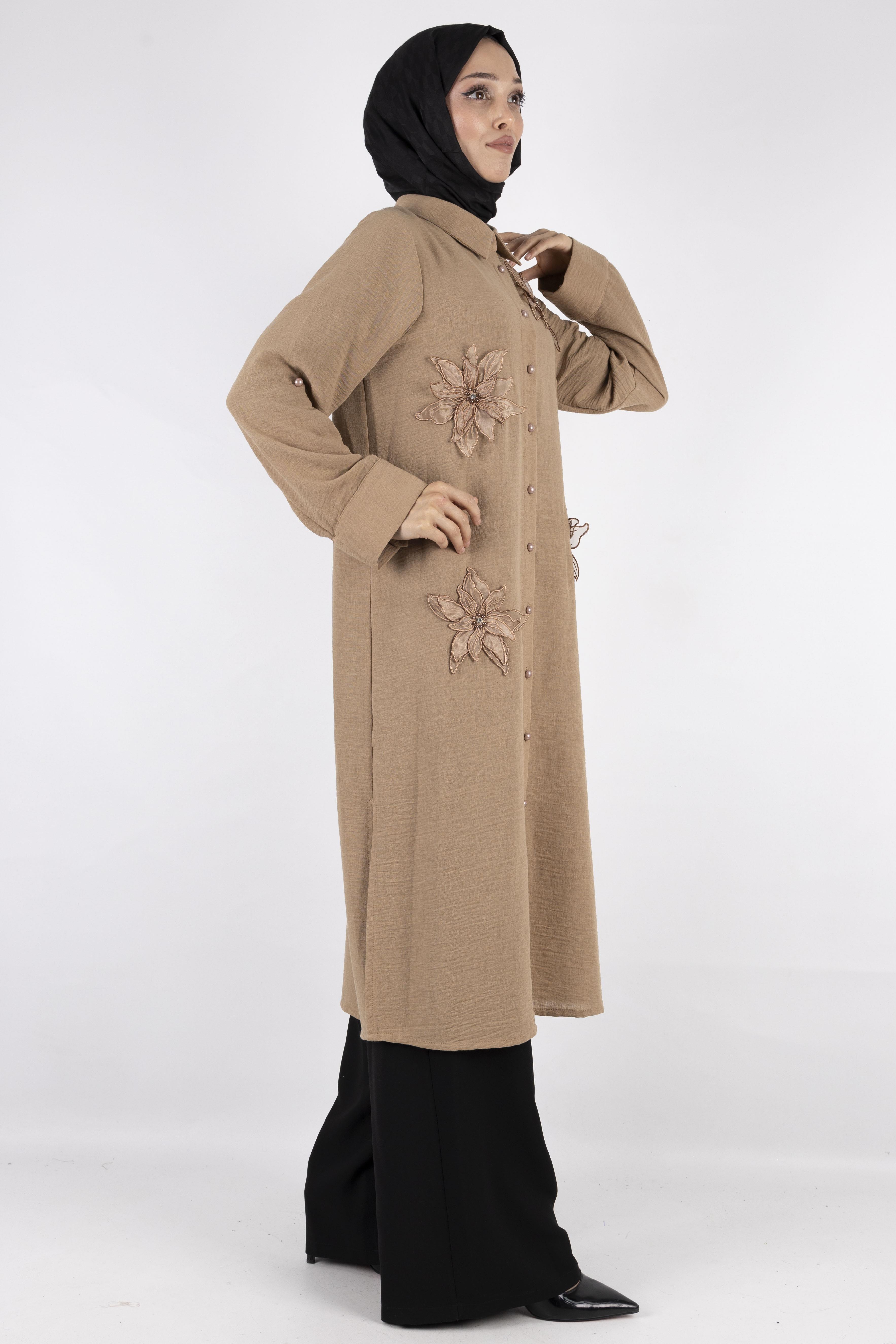 Büyük Beden Keten  Gömlek Vizon OTW44418