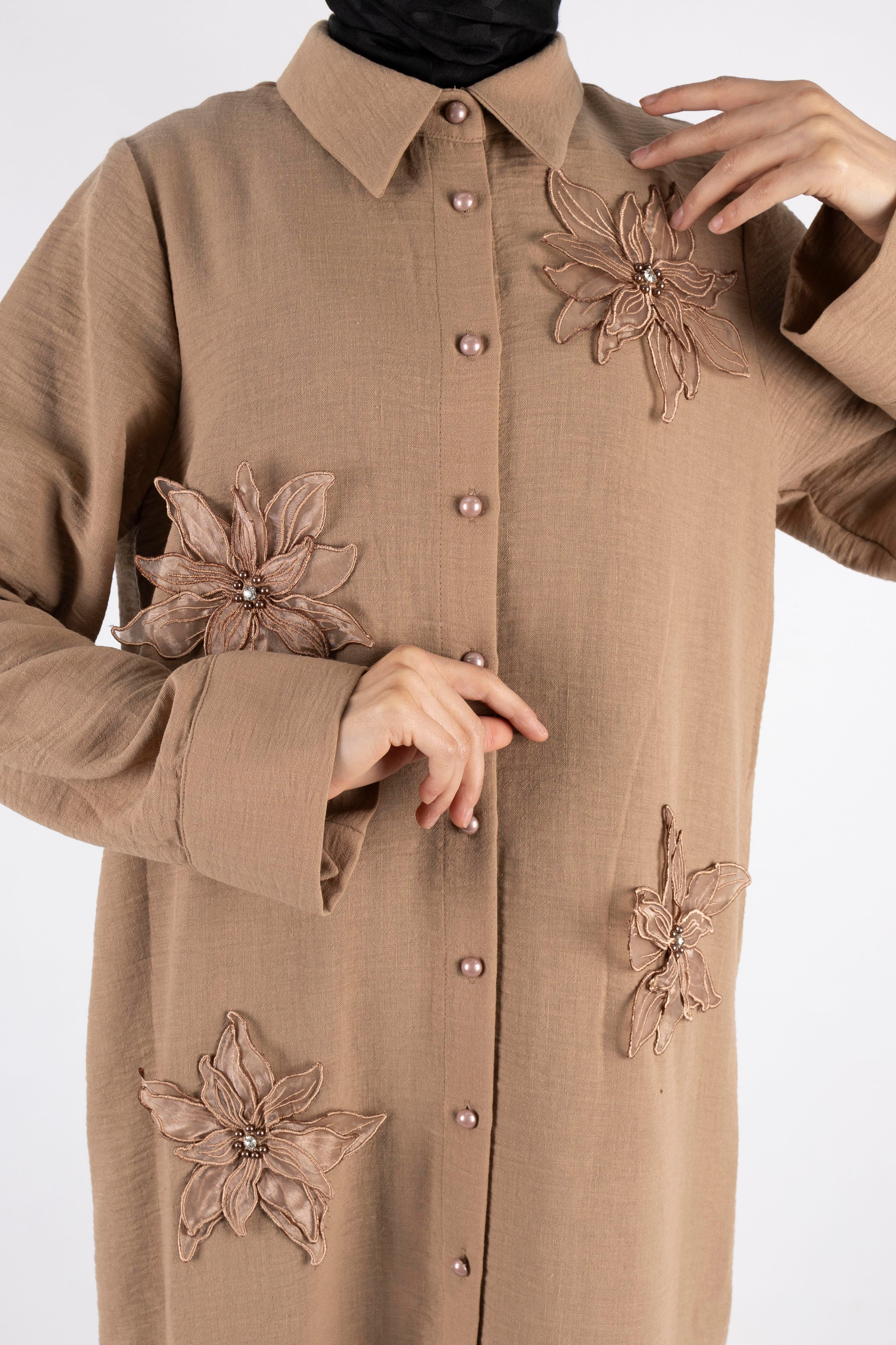 Büyük Beden Keten  Gömlek Vizon OTW44418