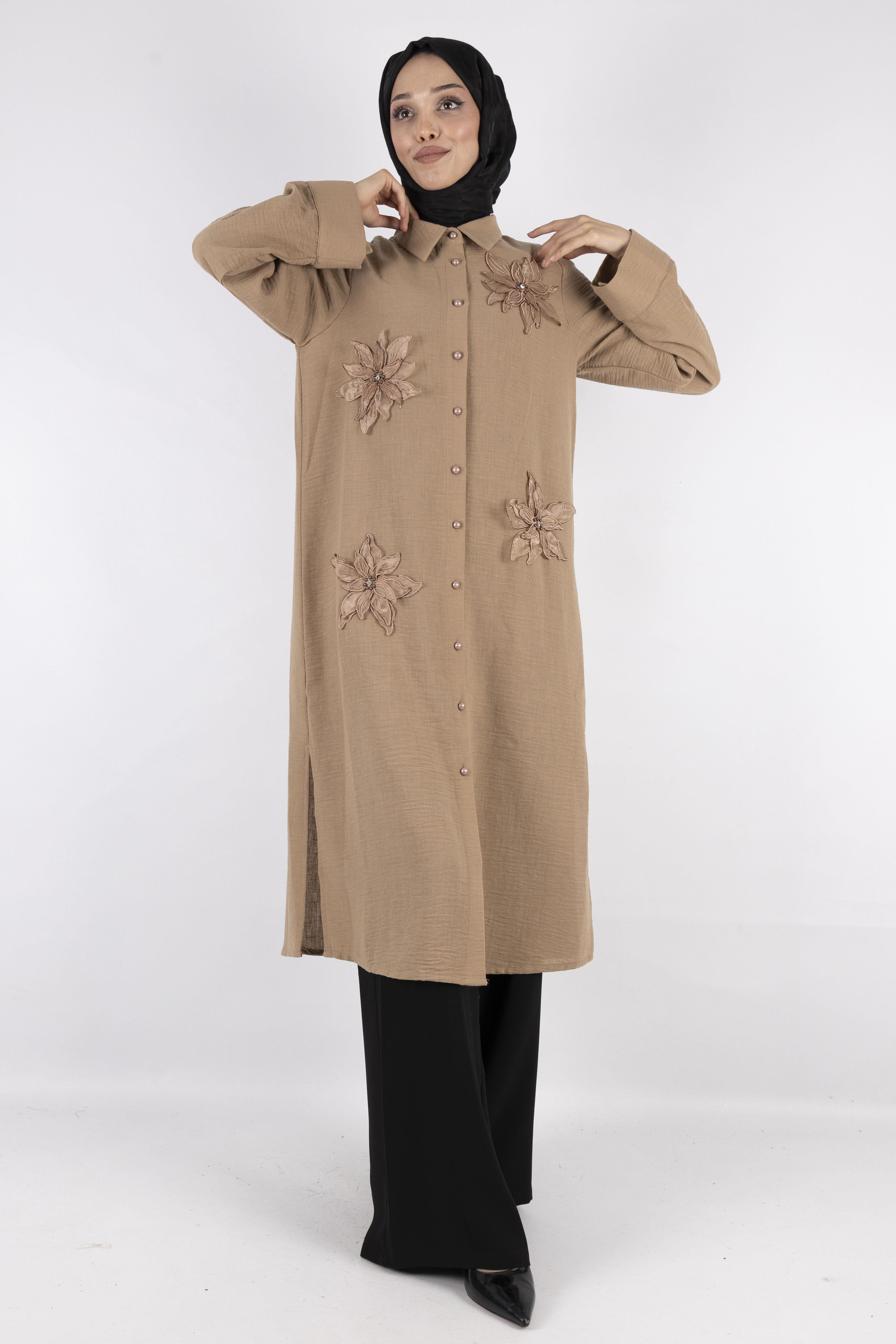 Büyük Beden Keten  Gömlek Vizon OTW44418