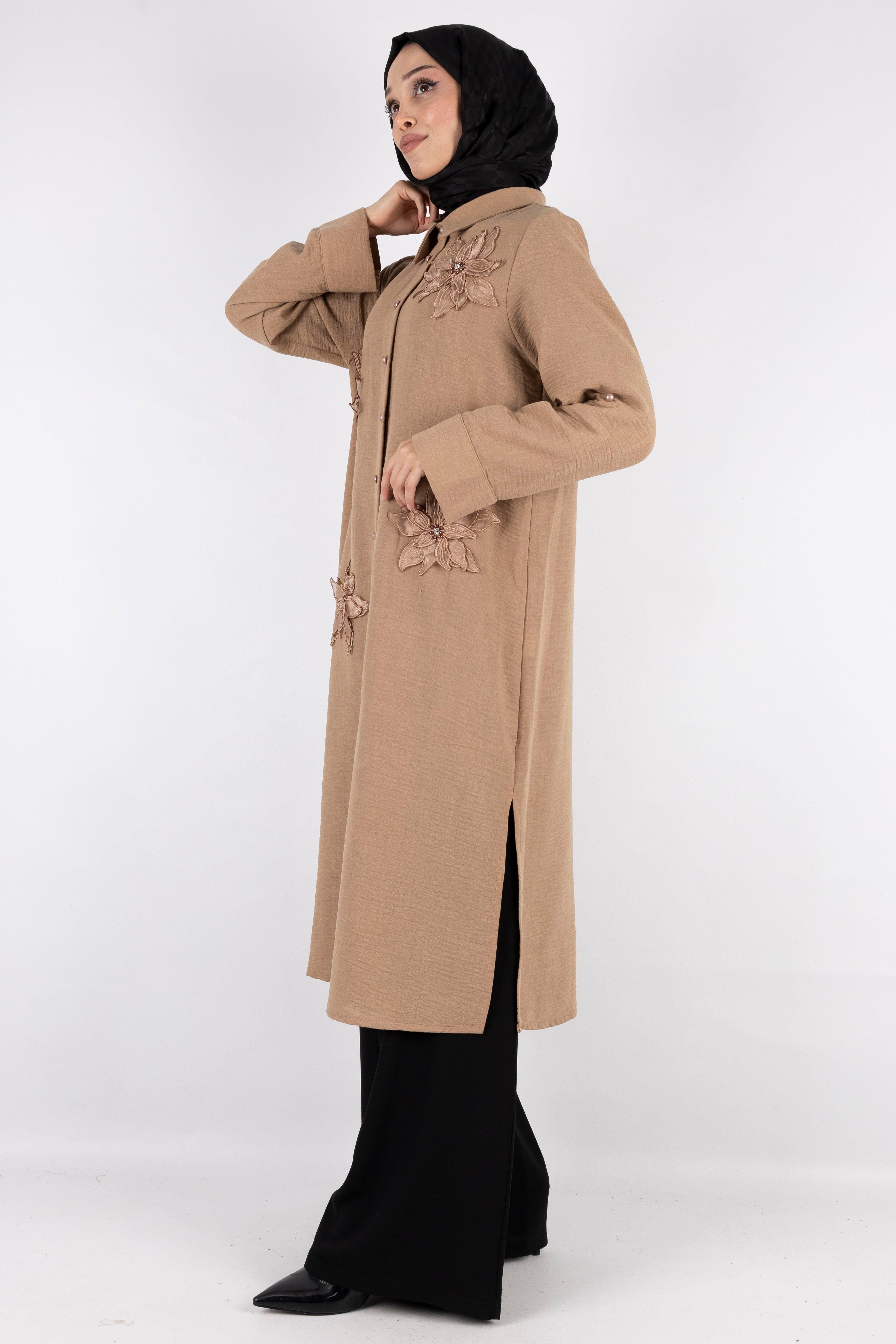 Büyük Beden Keten  Gömlek Vizon OTW44418