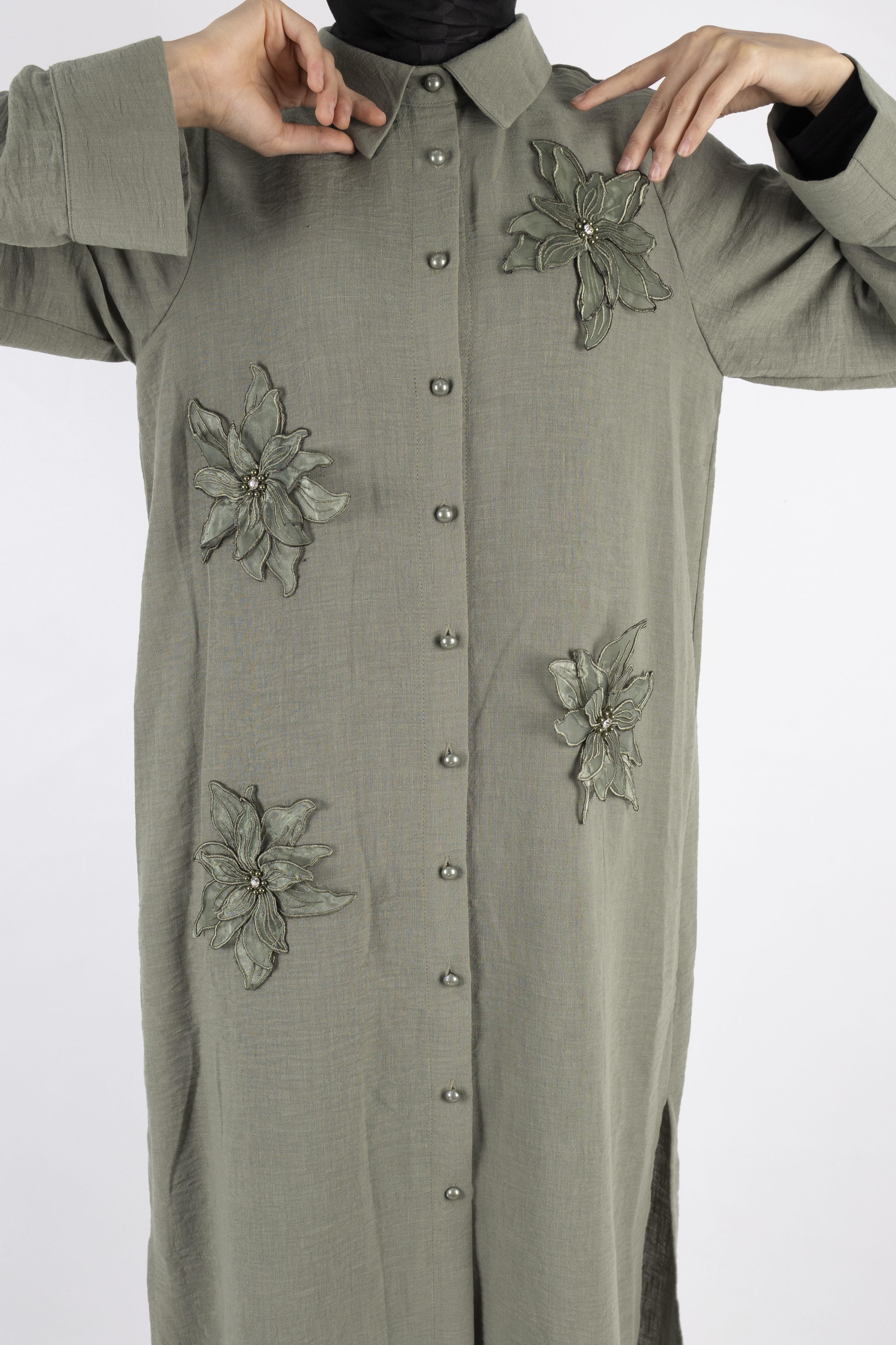 Büyük Beden Keten  Gömlek Yeşil OTW44418