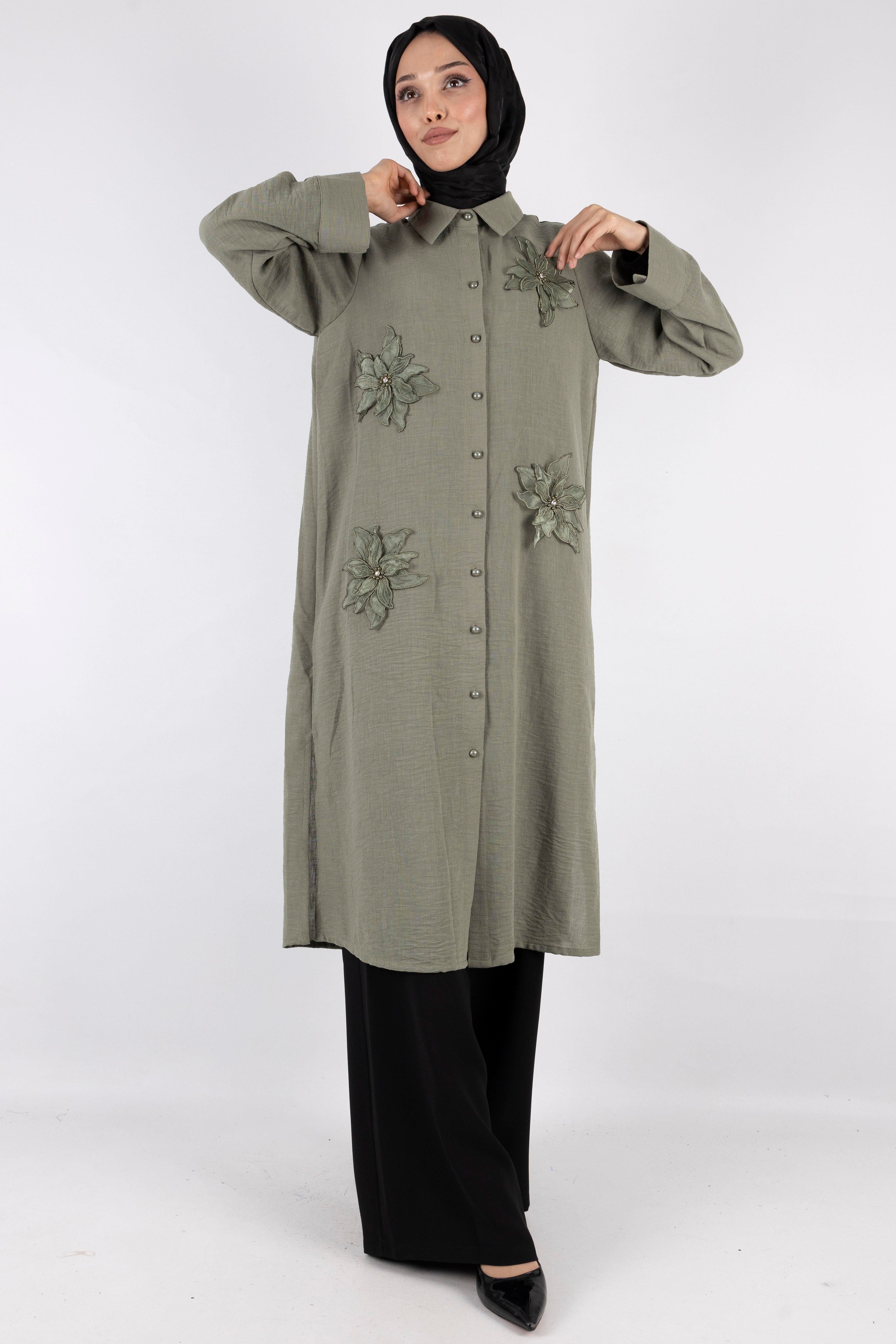 Büyük Beden Keten  Gömlek Yeşil OTW44418