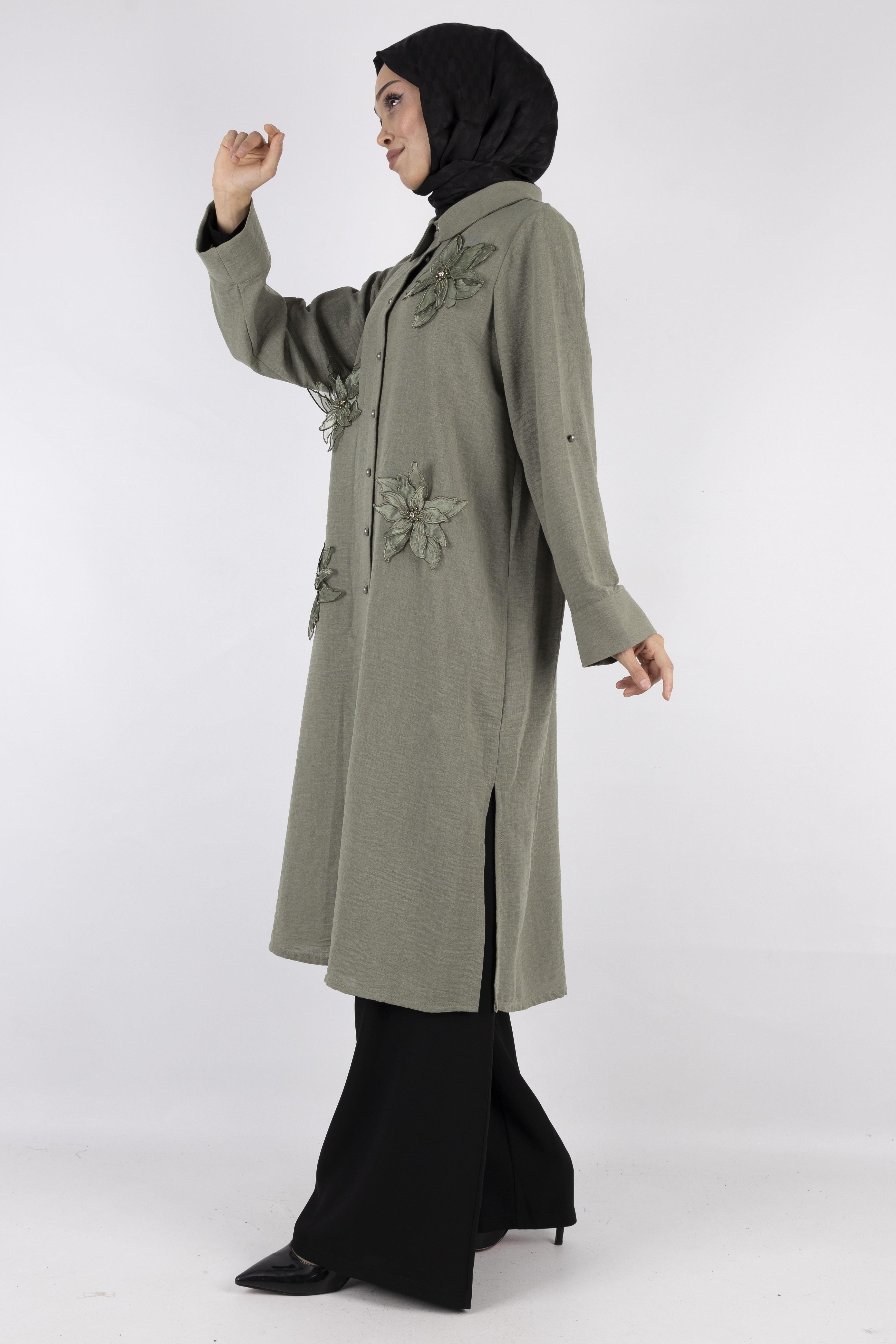 Büyük Beden Keten  Gömlek Yeşil OTW44418