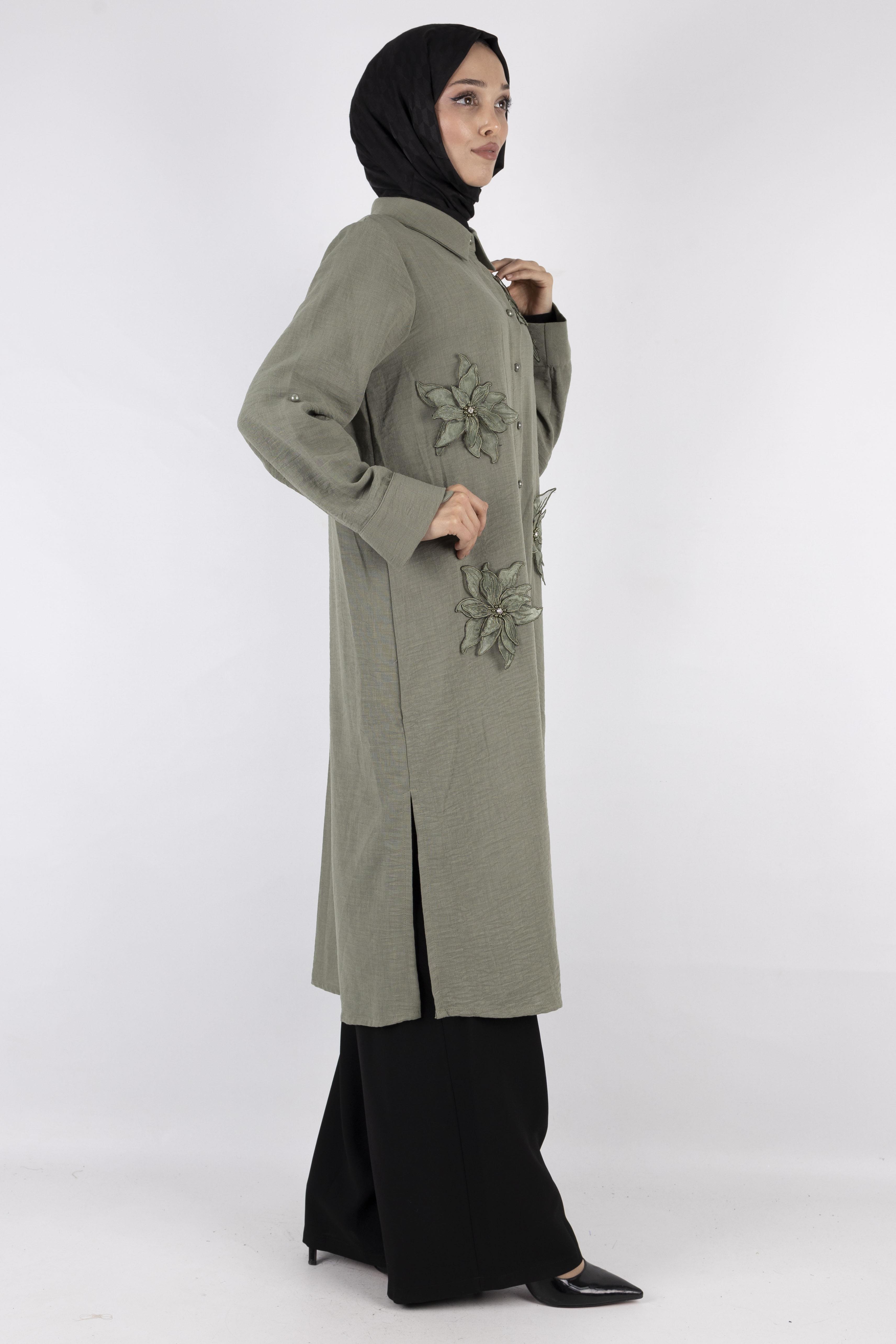 Büyük Beden Keten  Gömlek Yeşil OTW44418