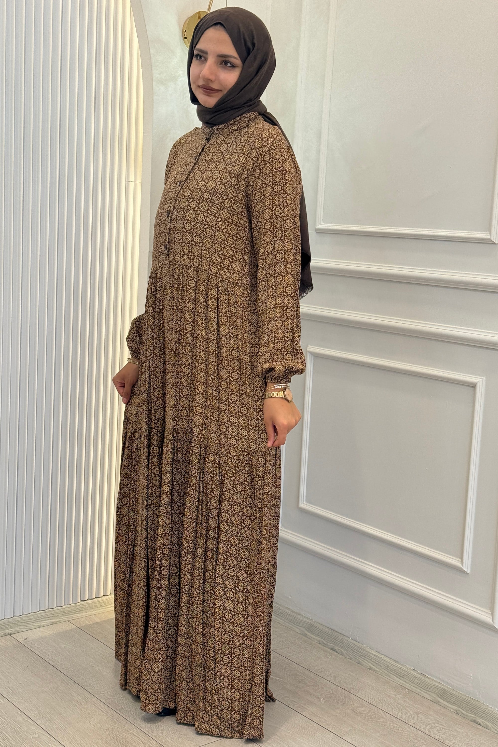 Büyük Beden Kilim Desenli Viskon Elbise Kahve OTW2093-2
