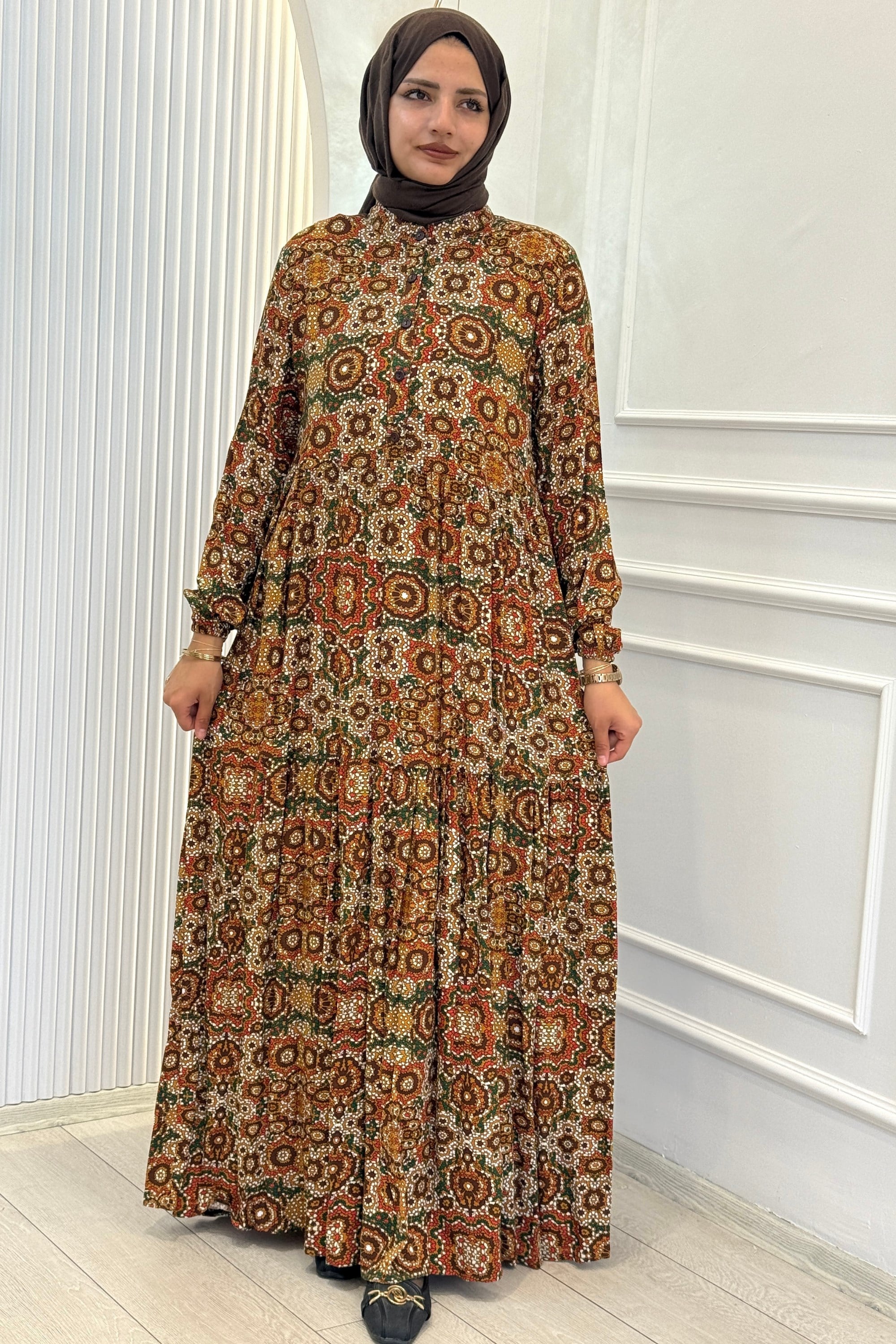 Büyük Beden Kilim Desenli Viskon Elbise Hardal OTW2093-2