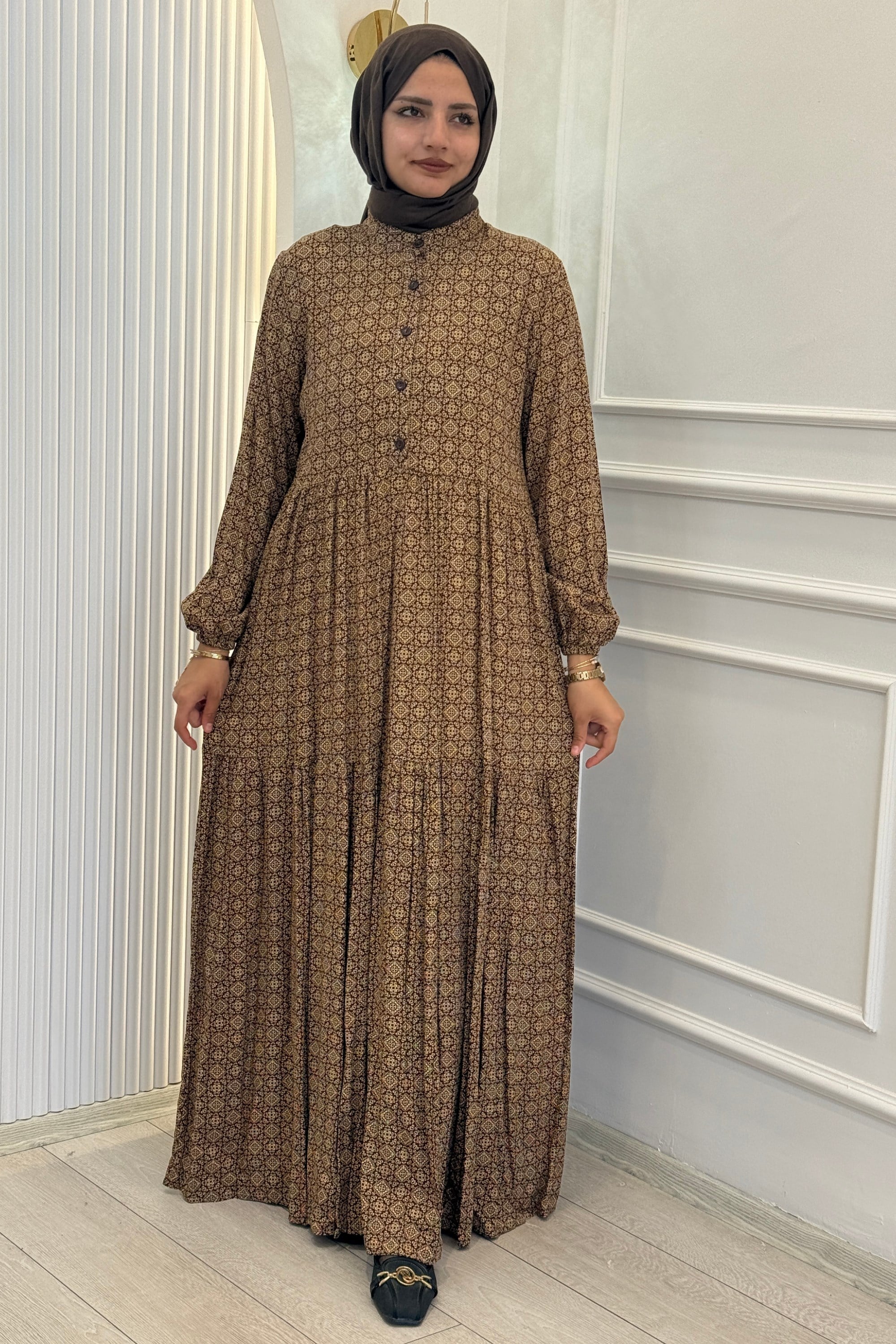 Büyük Beden Kilim Desenli Viskon Elbise Kahve OTW2093-2