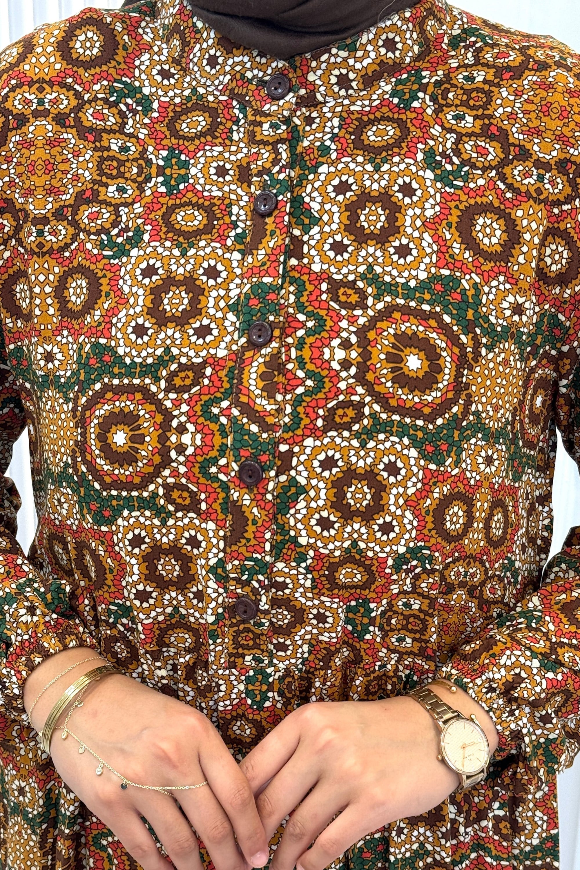 Büyük Beden Kilim Desenli Viskon Elbise Hardal OTW2093-2