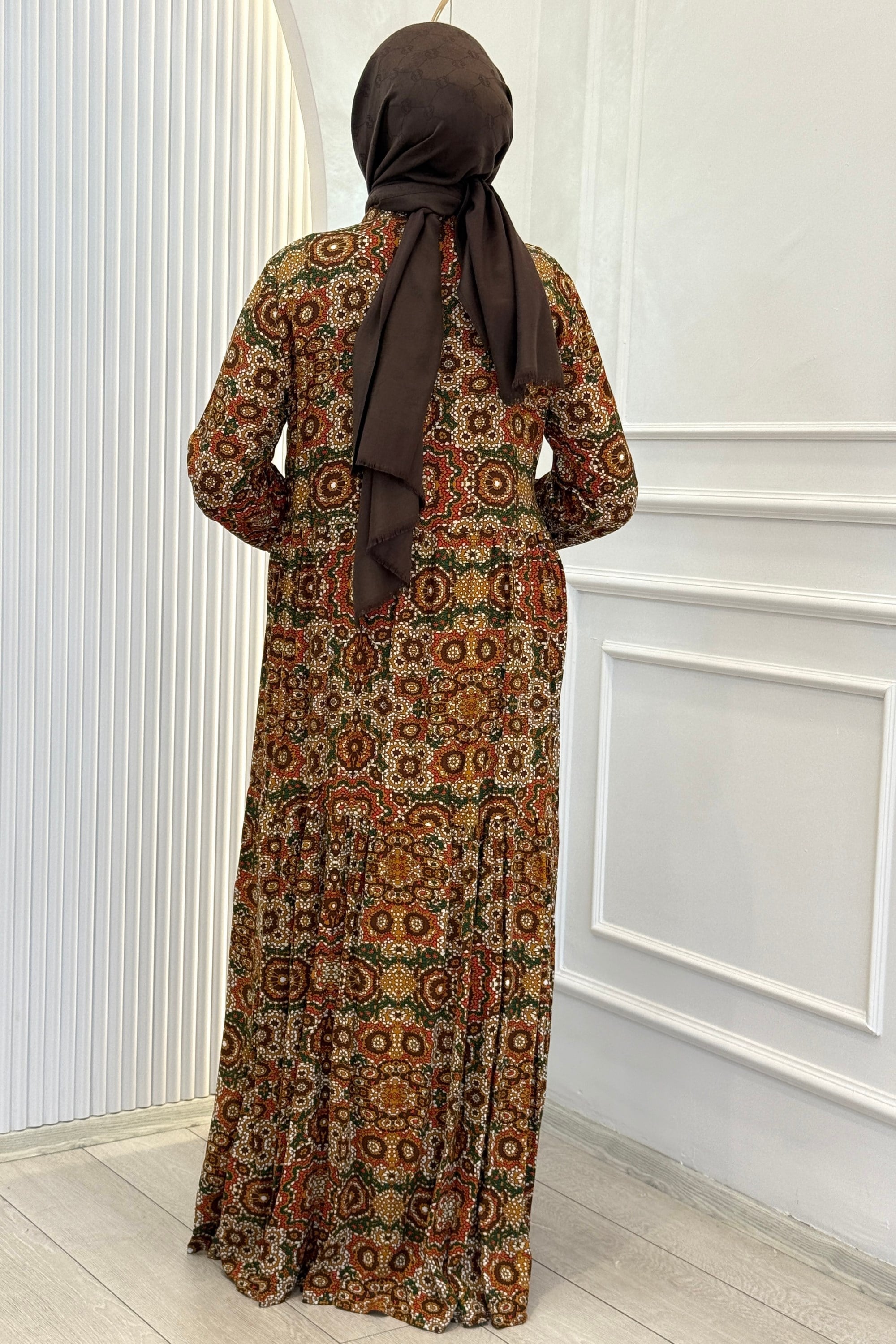 Büyük Beden Kilim Desenli Viskon Elbise Hardal OTW2093-2