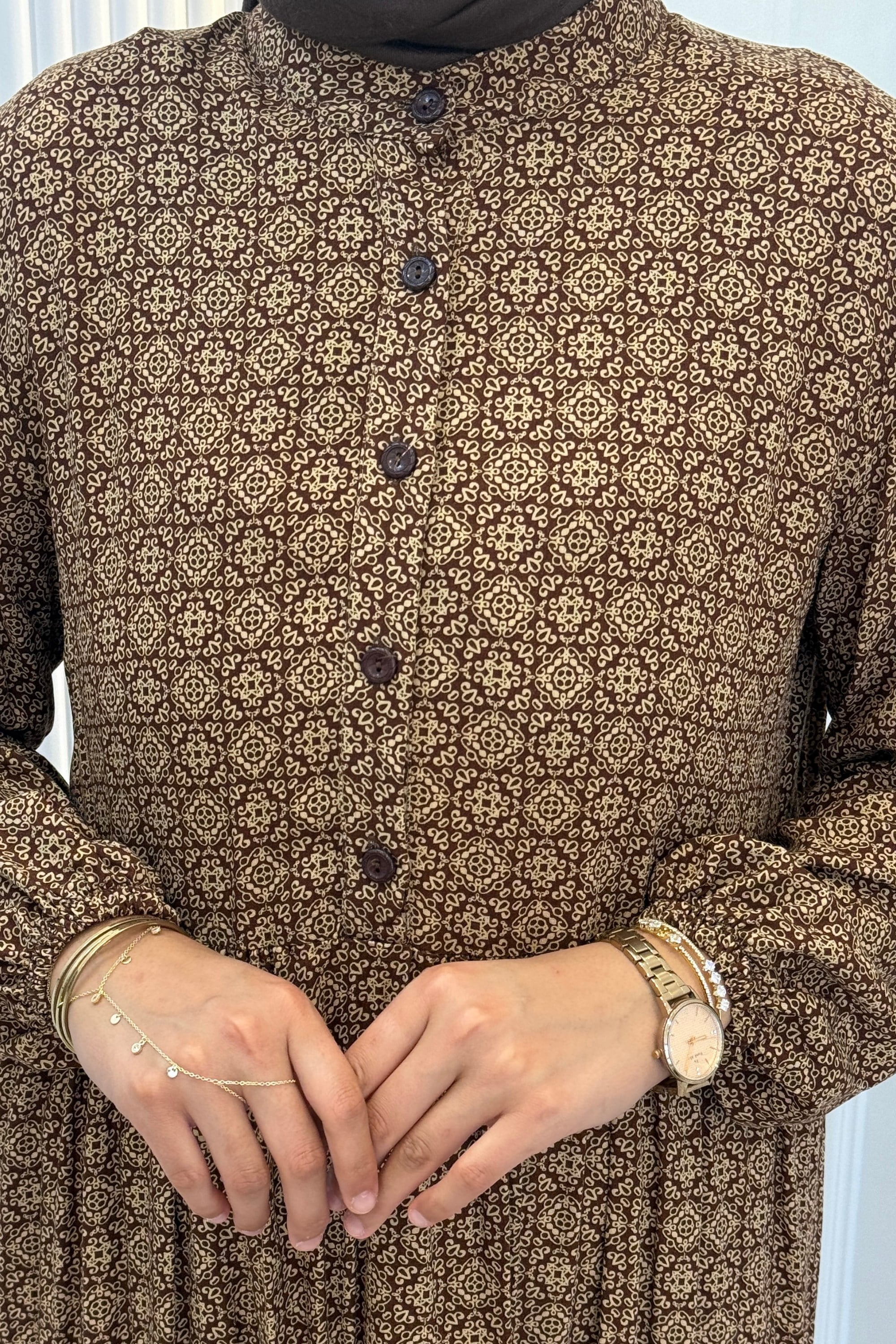 Büyük Beden Kilim Desenli Viskon Elbise Kahve OTW2093-2