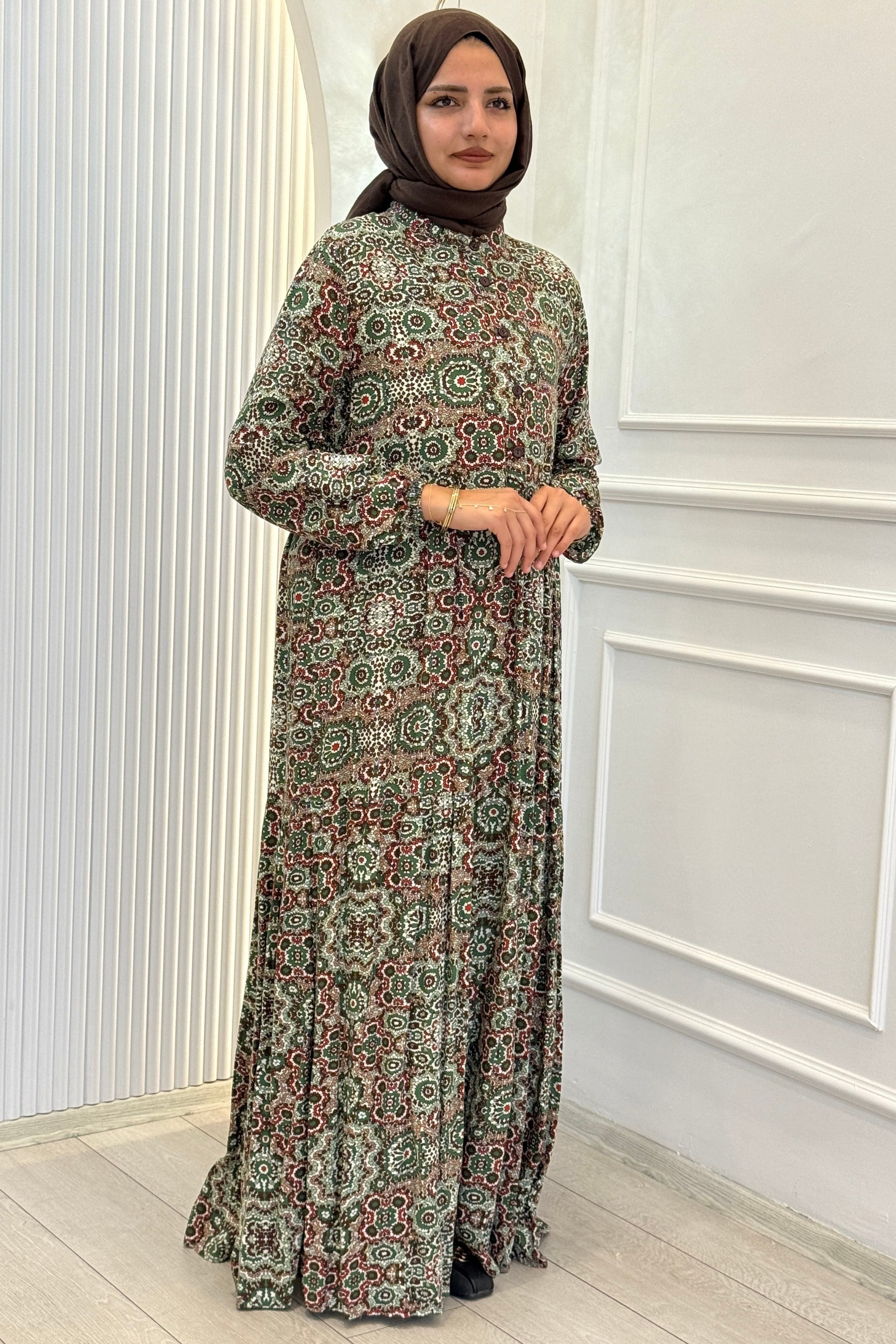 Büyük Beden Kilim Desenli Viskon Elbise Zümrüt OTW2093-2