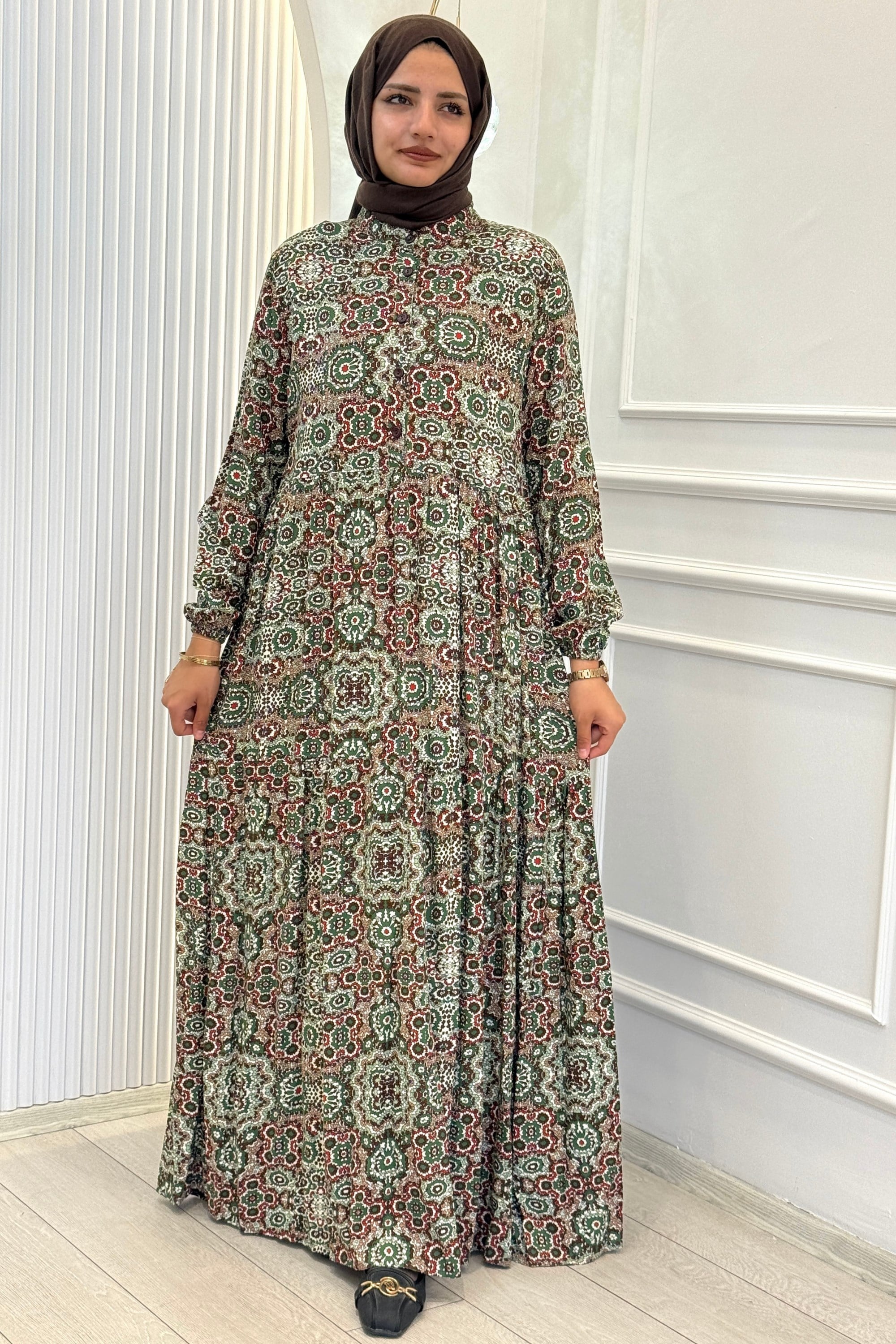 Büyük Beden Kilim Desenli Viskon Elbise Zümrüt OTW2093-2