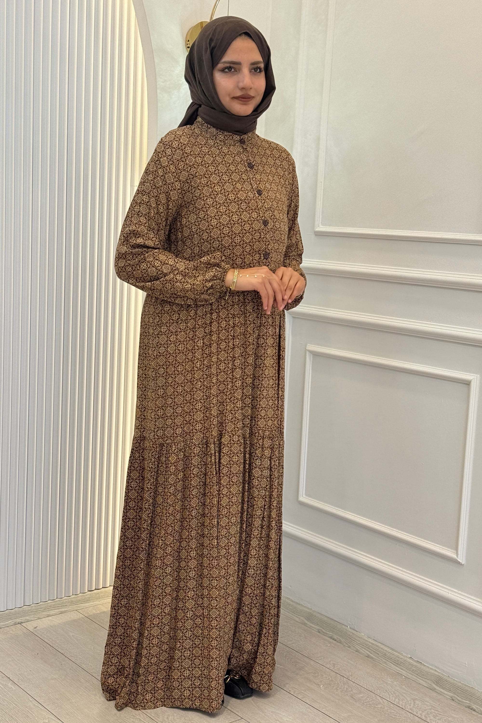 Büyük Beden Kilim Desenli Viskon Elbise Kahve OTW2093-2