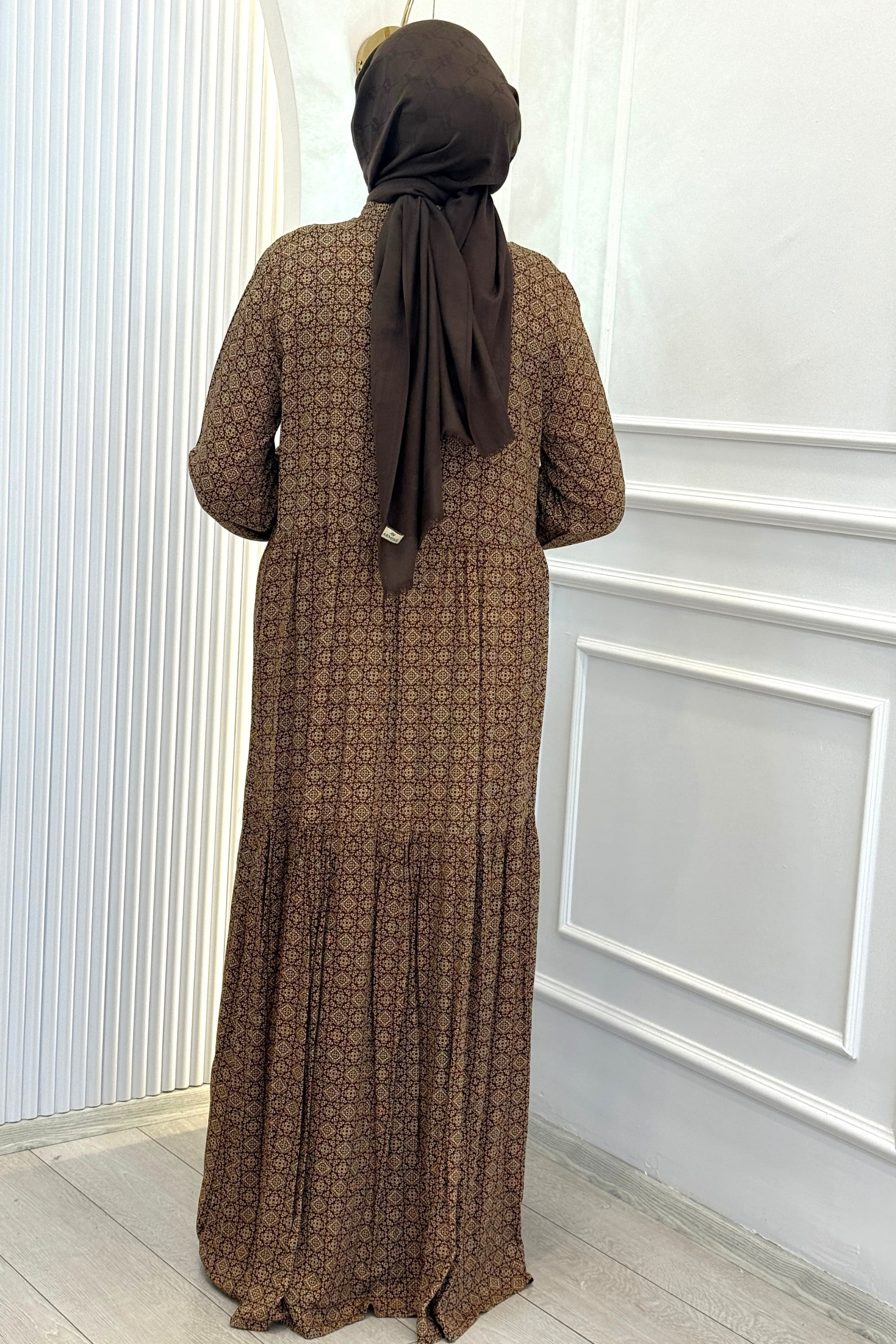 Büyük Beden Kilim Desenli Viskon Elbise Kahve OTW2093-2