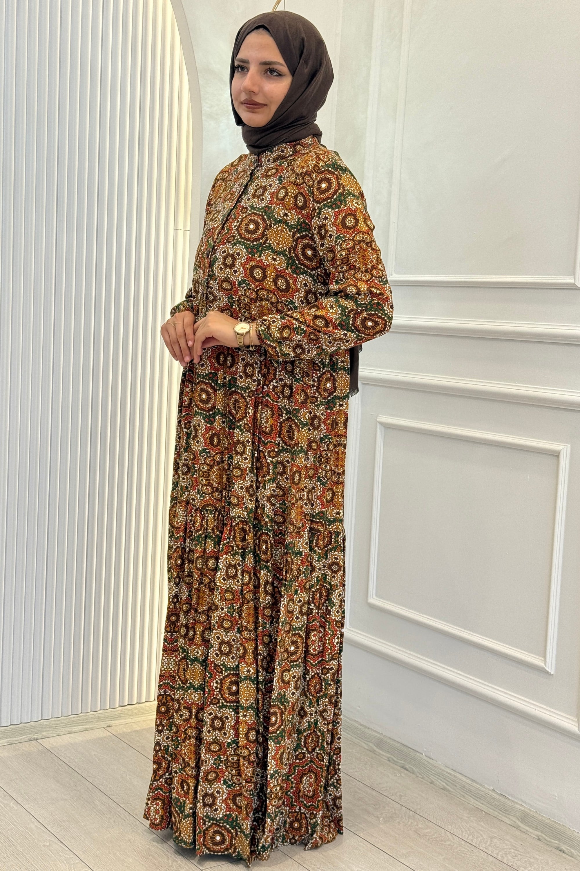 Büyük Beden Kilim Desenli Viskon Elbise Hardal OTW2093-2