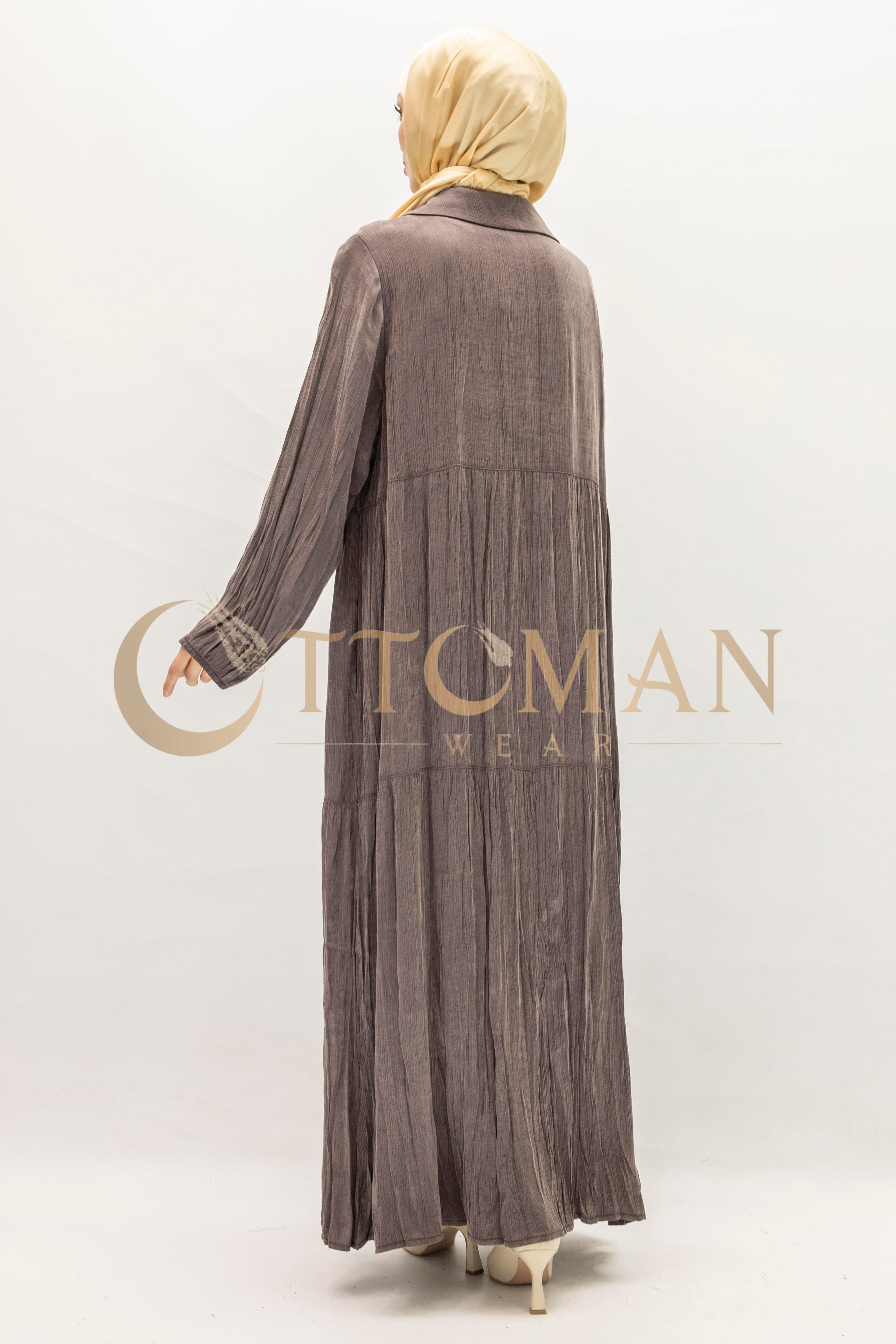 Büyük Beden Kolyeli Qupra Kumaş Elbise Brown OTW5793