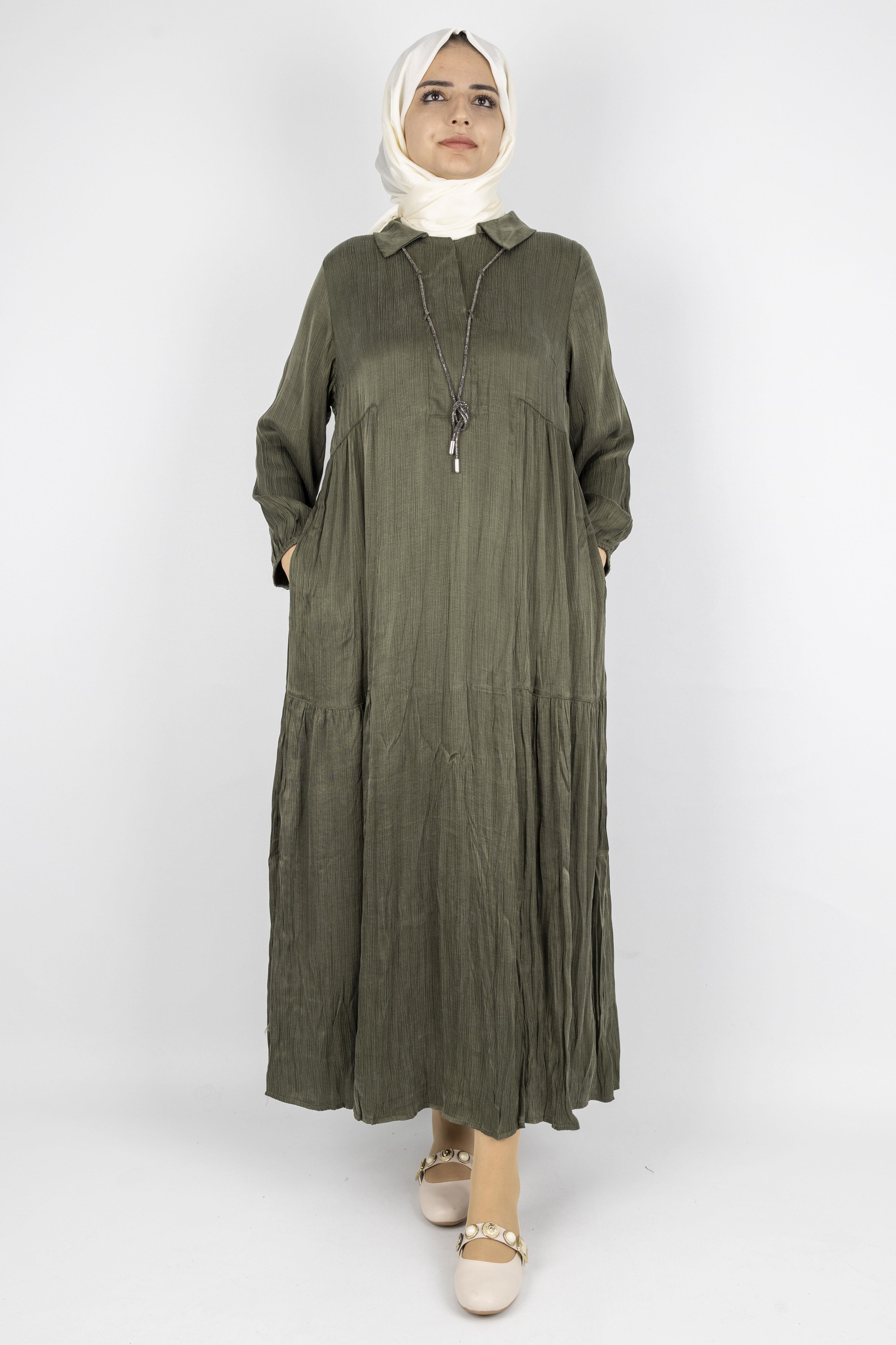 Büyük Beden Kolyeli Qupra Kumaş Elbise Haki OTW5793