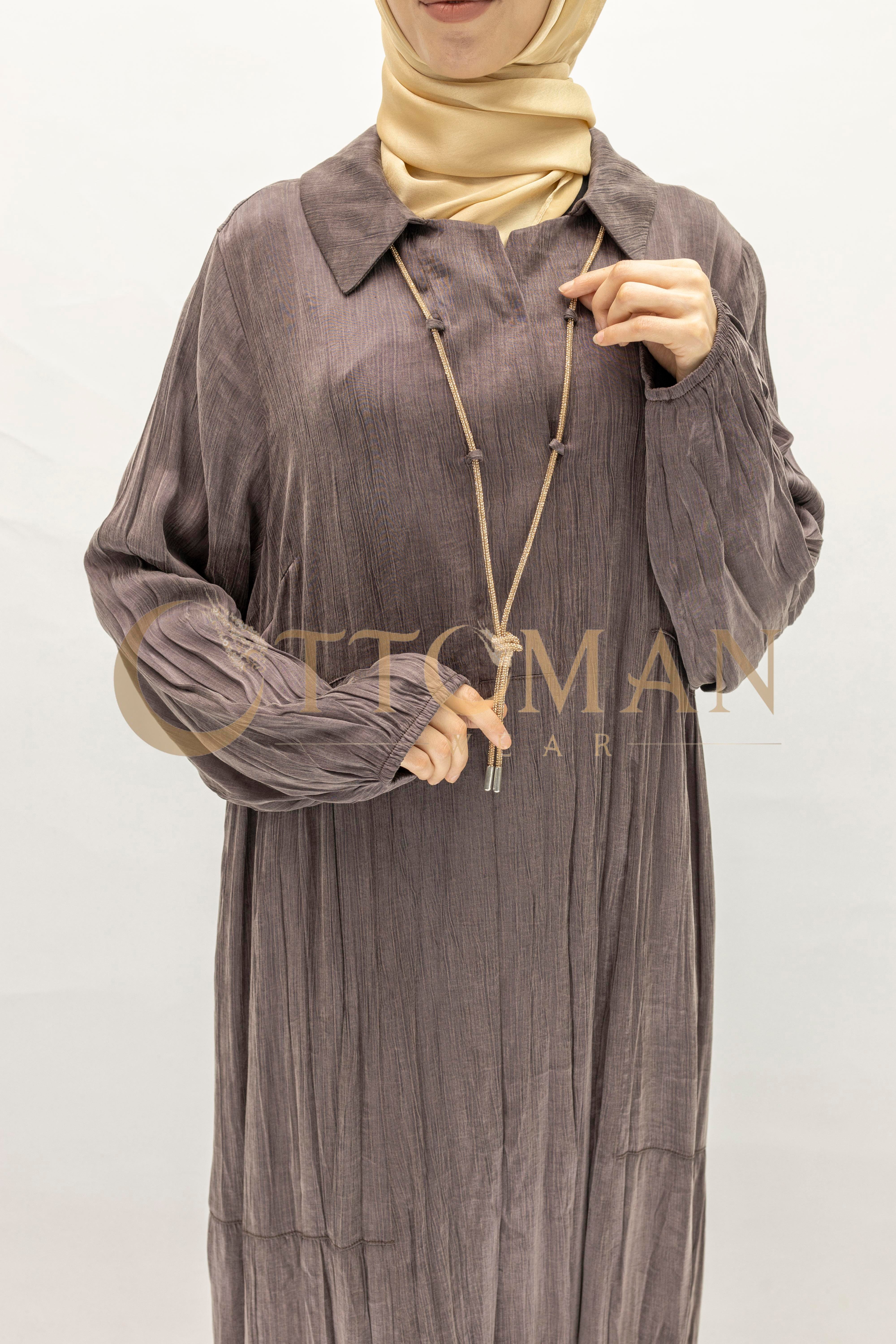 Büyük Beden Kolyeli Qupra Kumaş Elbise Brown OTW5793