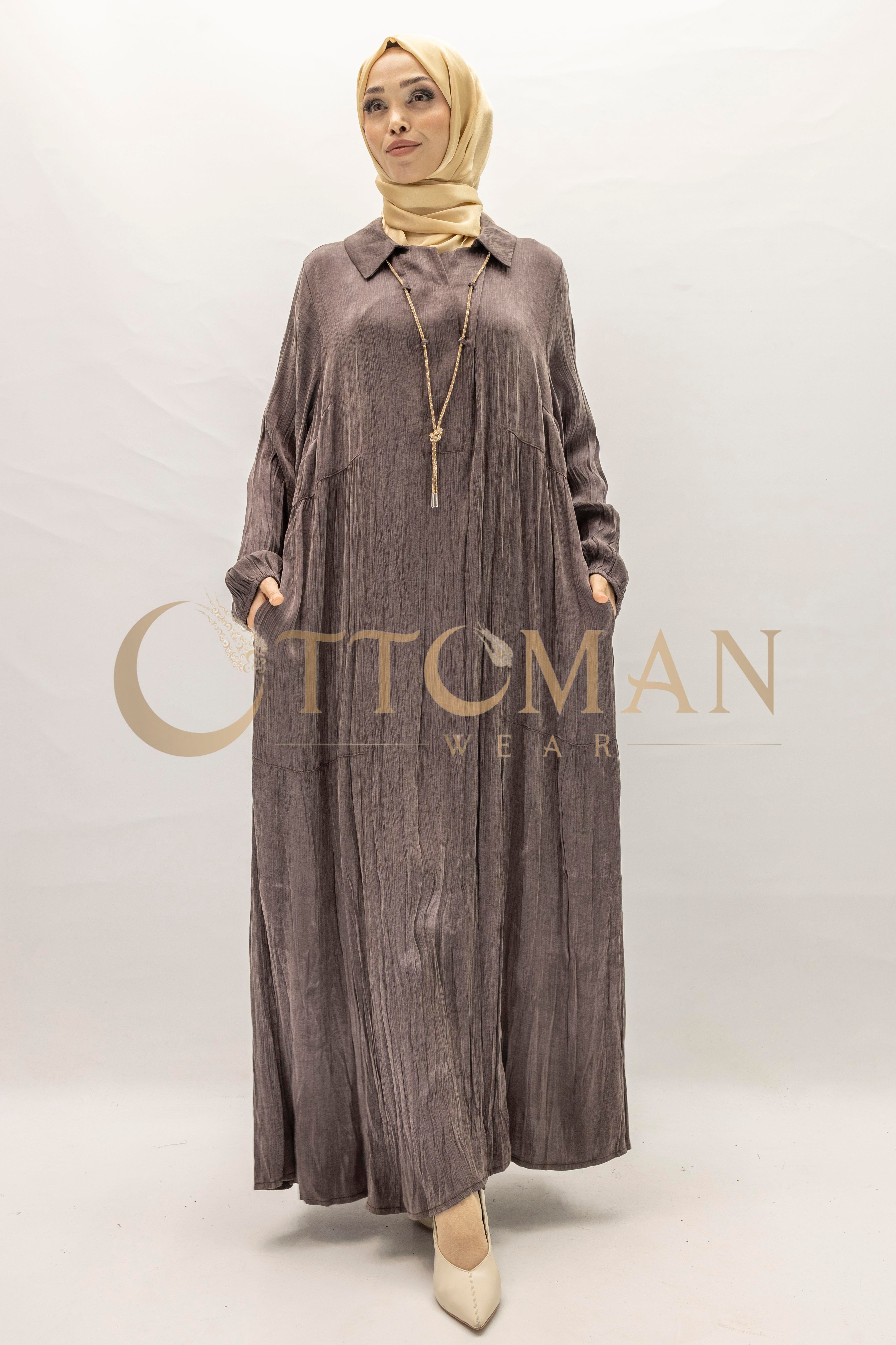 Büyük Beden Kolyeli Qupra Kumaş Elbise Brown OTW5793