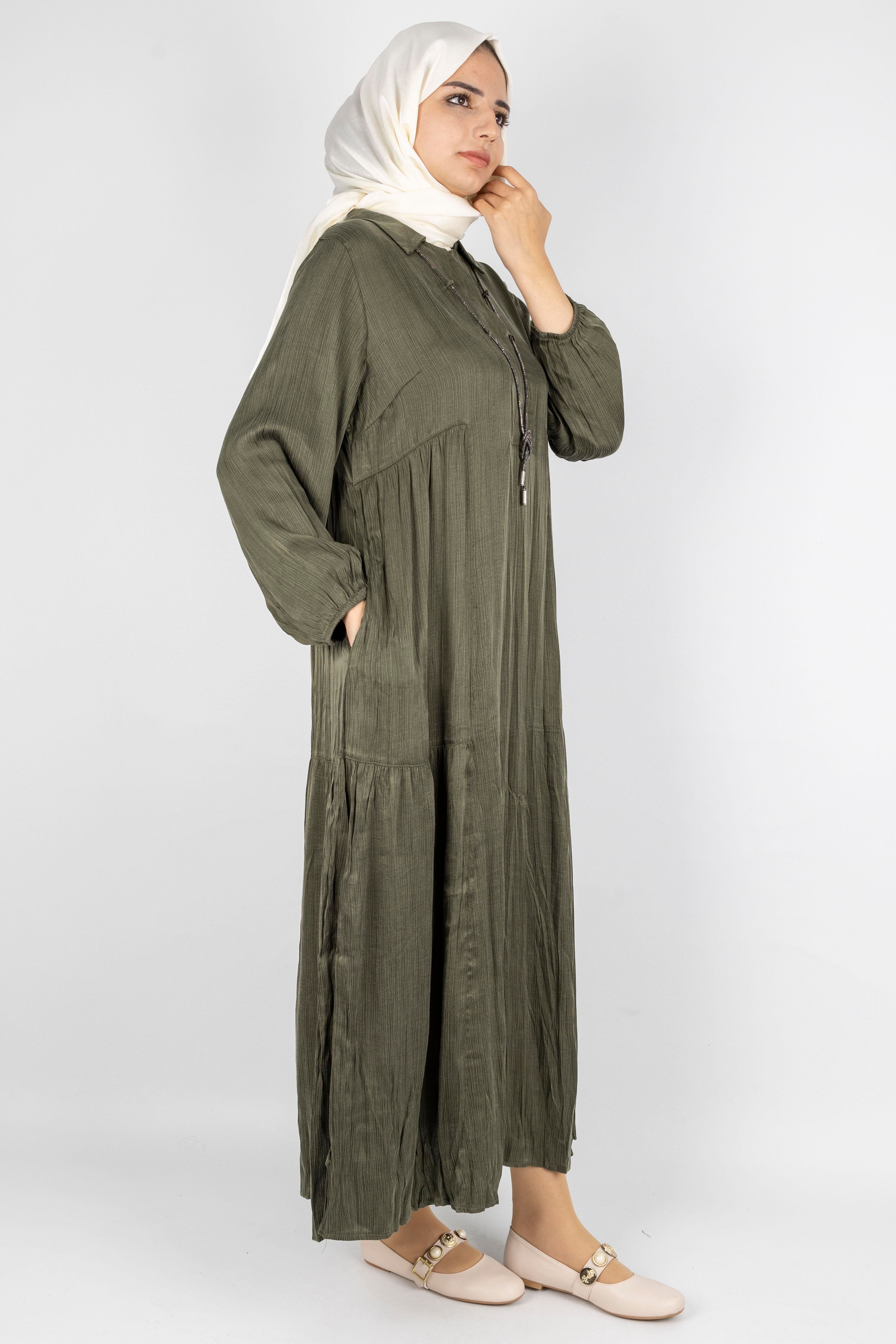 Büyük Beden Kolyeli Qupra Kumaş Elbise Haki OTW5793