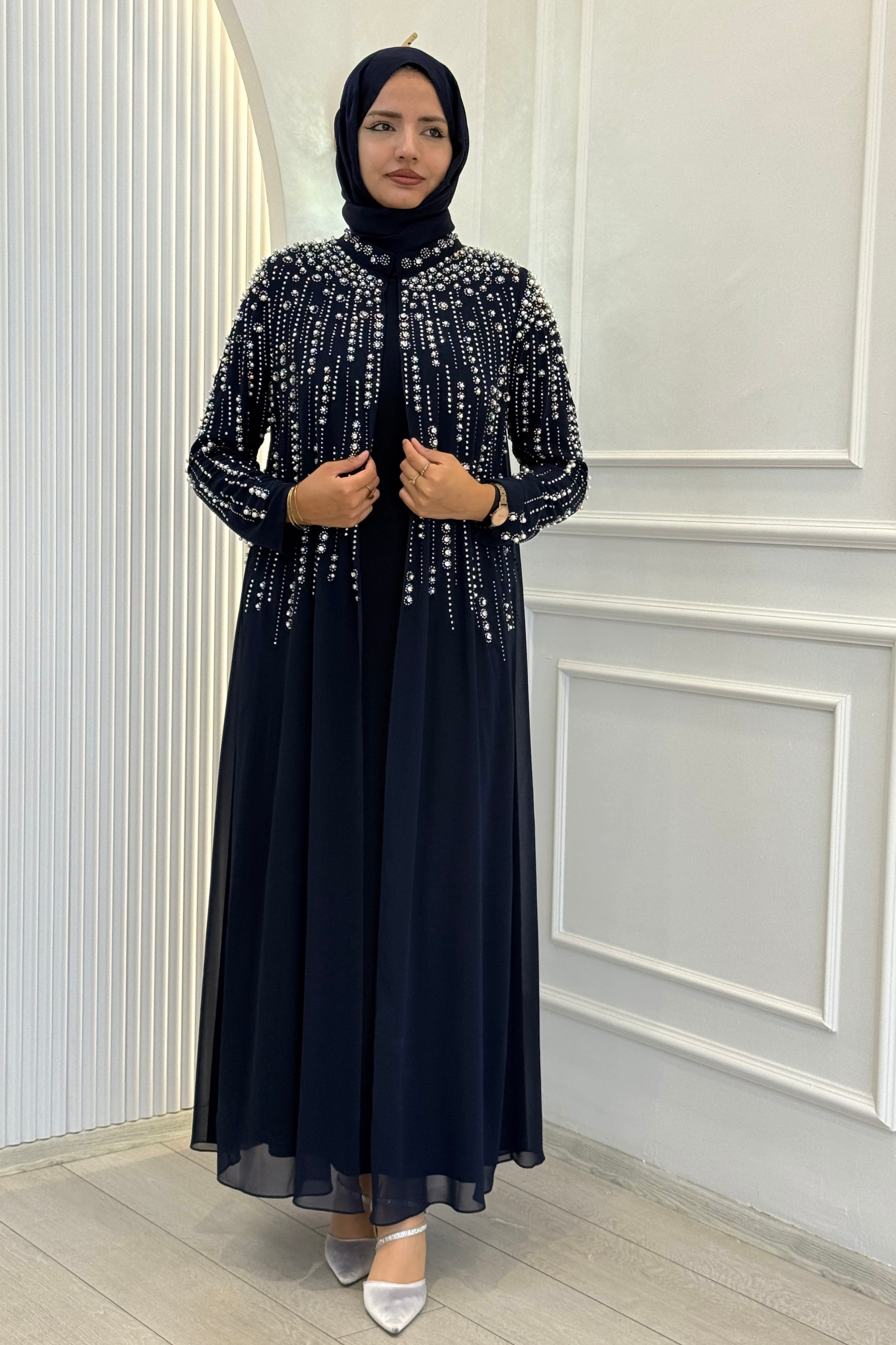 Büyük Beden Kristal Taş İşlemeli Abaya Takım Lacivert OTW703