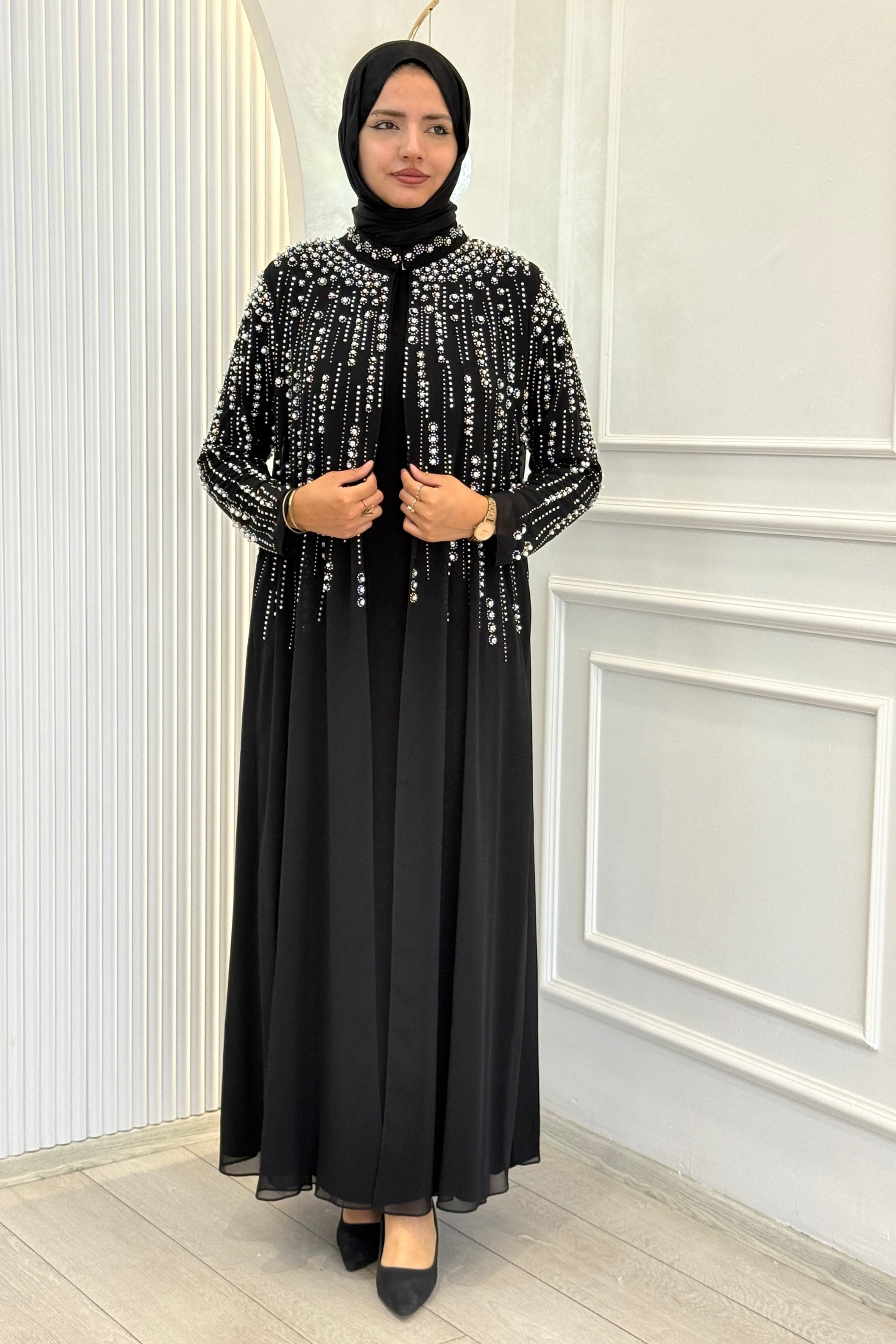 Büyük Beden Kristal Taş İşlemeli Abaya Takım Siyah OTW703